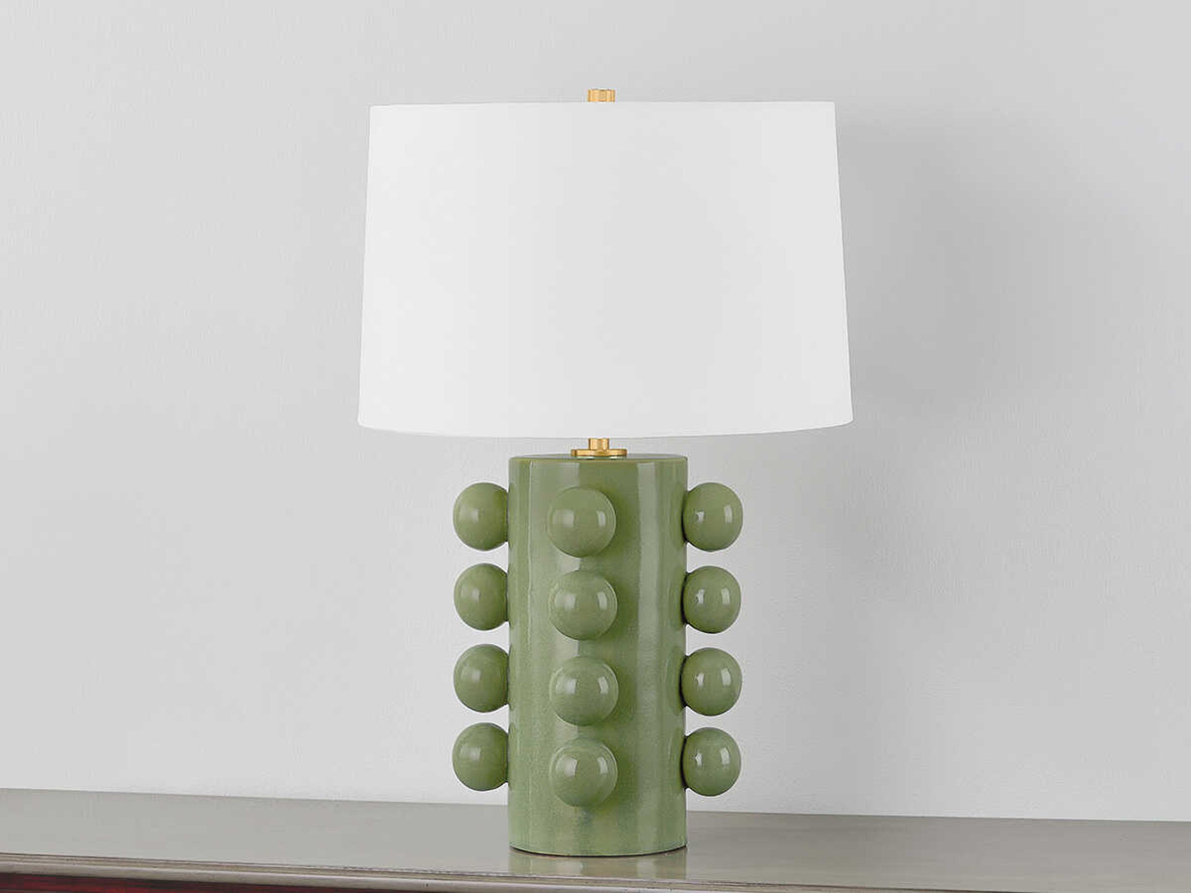 Hudson Valley Roselle Aged Brass Ceramic Moss Crackle White Linen Green Buffet Lamp