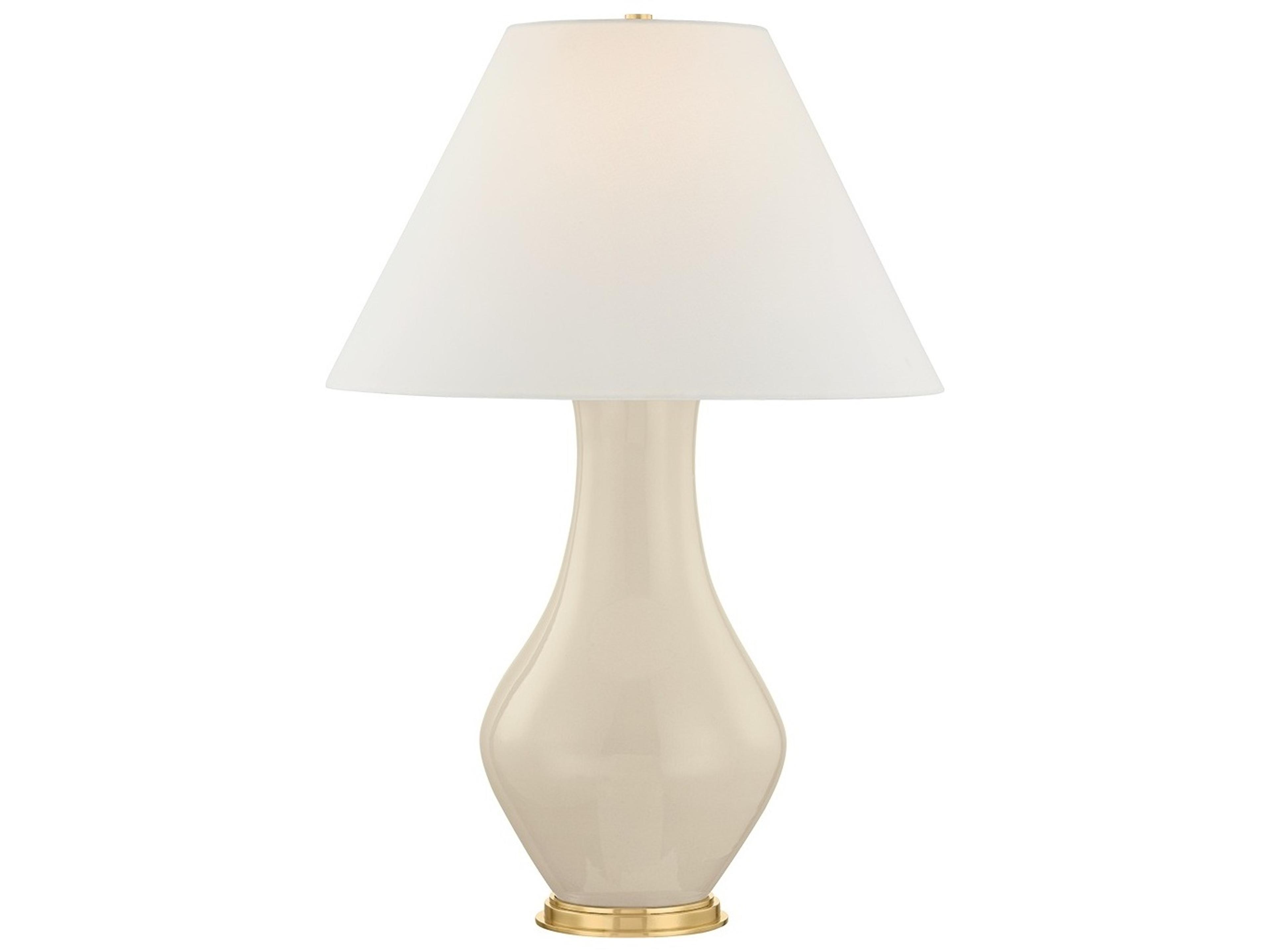 Hudson Valley Hanslope Aged Brass Ceramic French Muslin White Linen Fabric Off Buffet Lamp