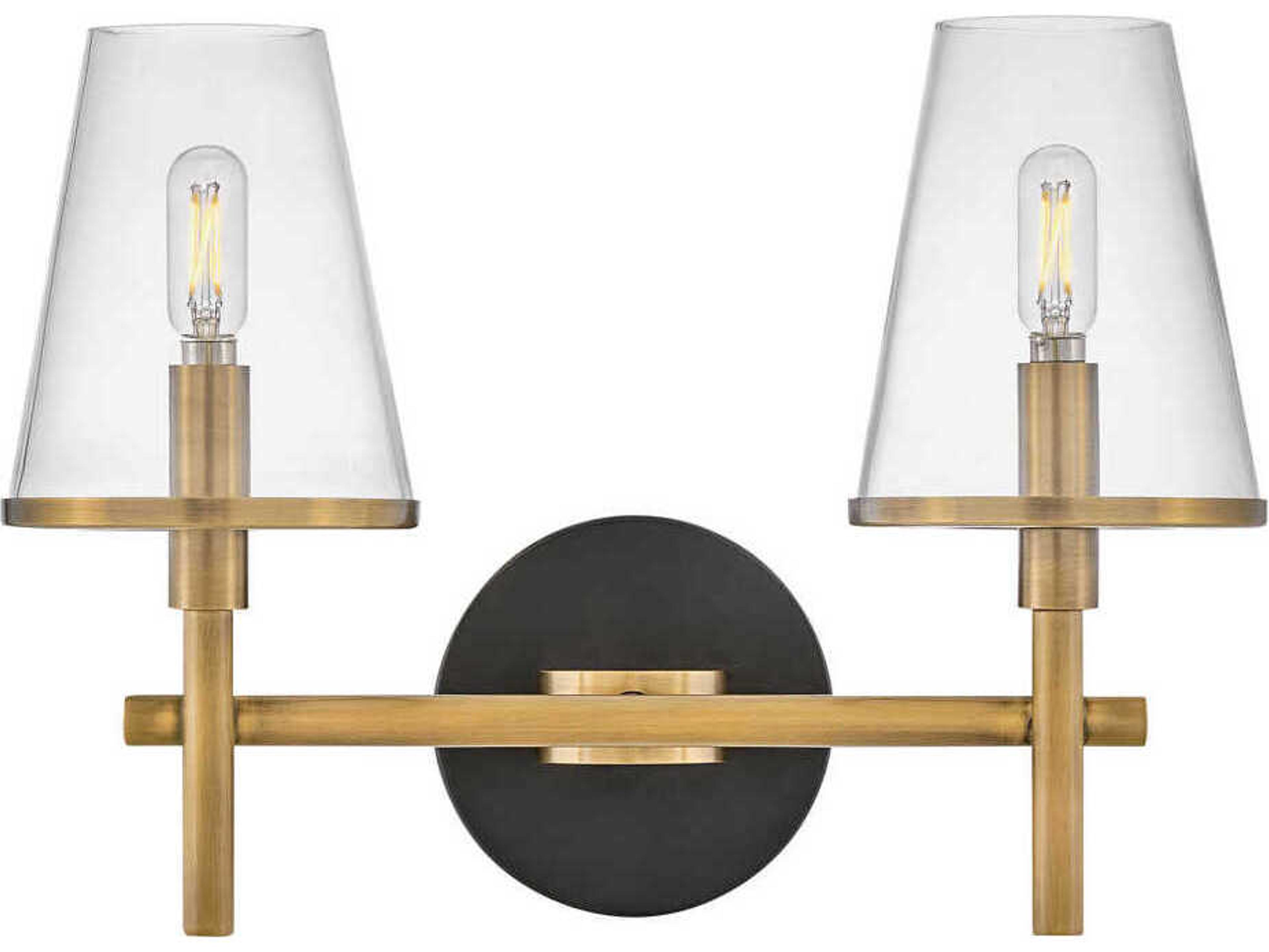 Marten 2-Light Heritage Brass Black Glass Vanity Light