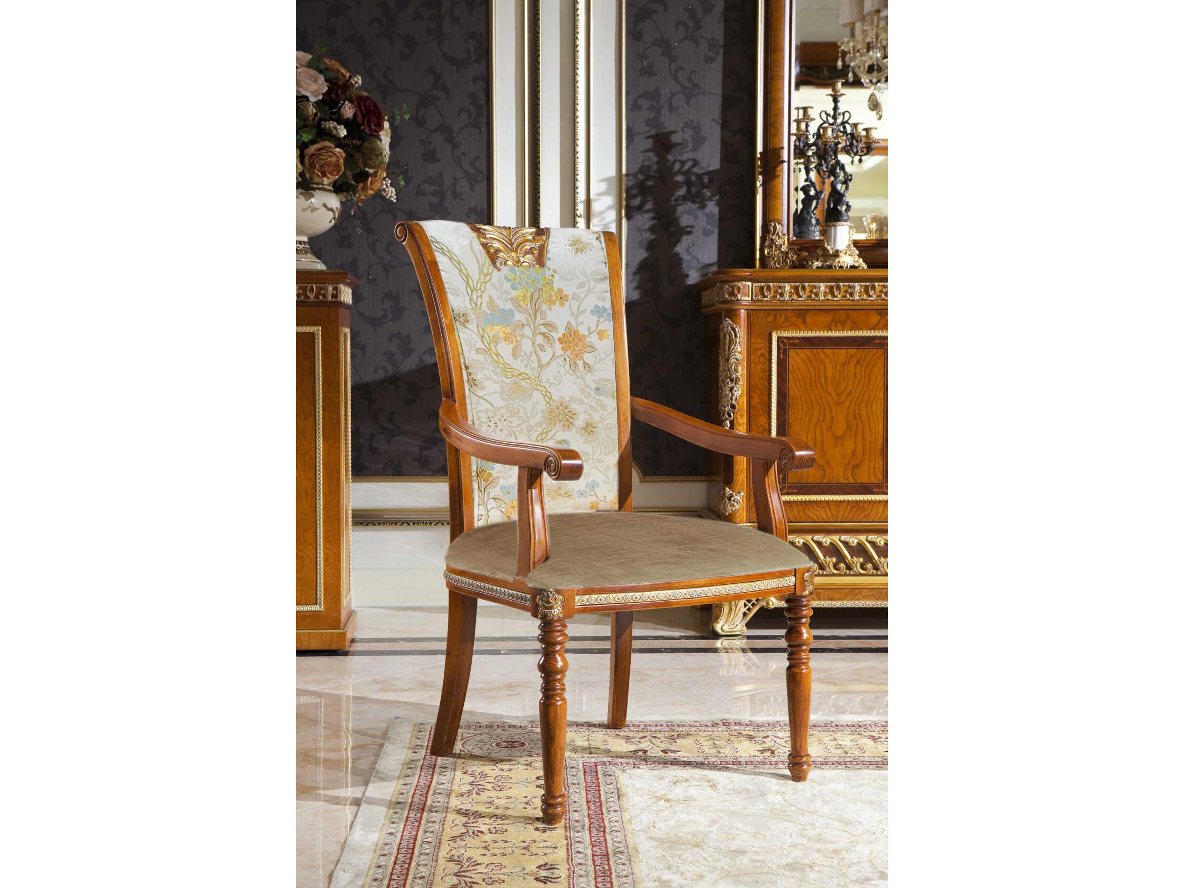 E-62 Walnut Wood Brown Upholstered Arm Dining Chair
