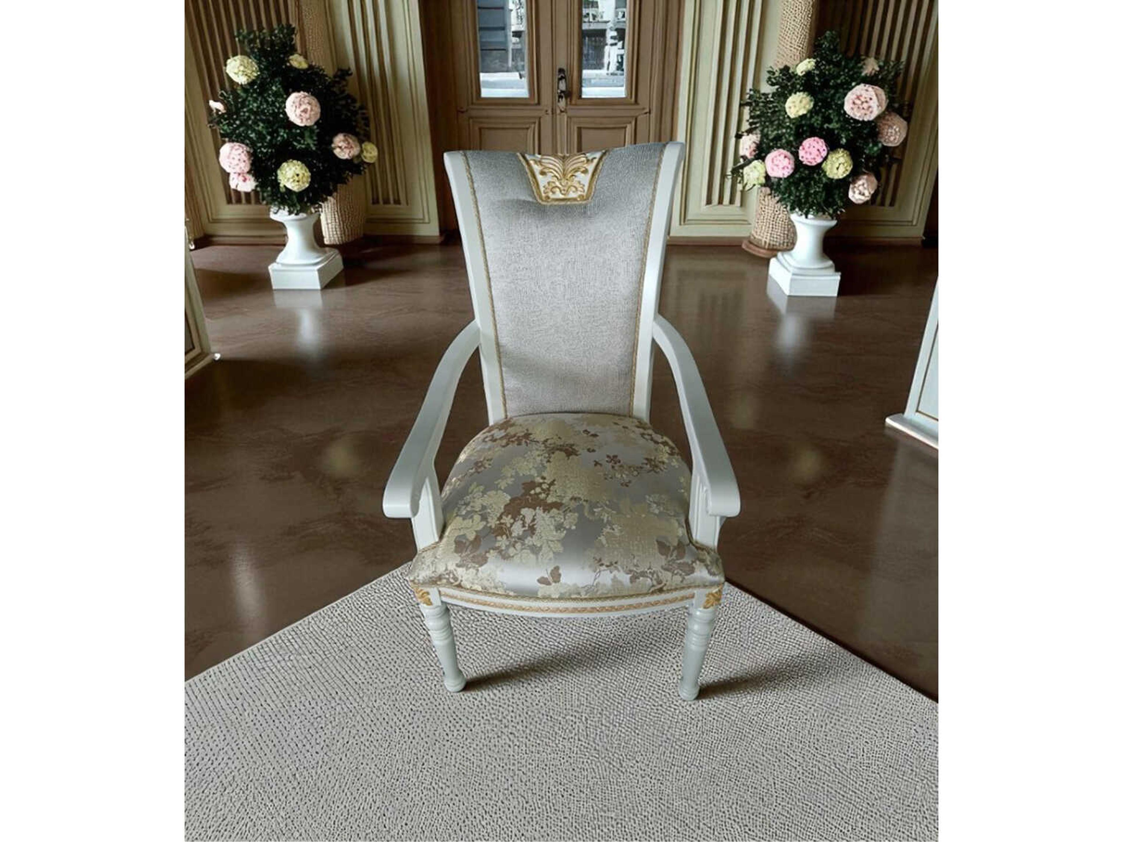 E-62 Solid Wood White Upholstered Arm Dining Chair