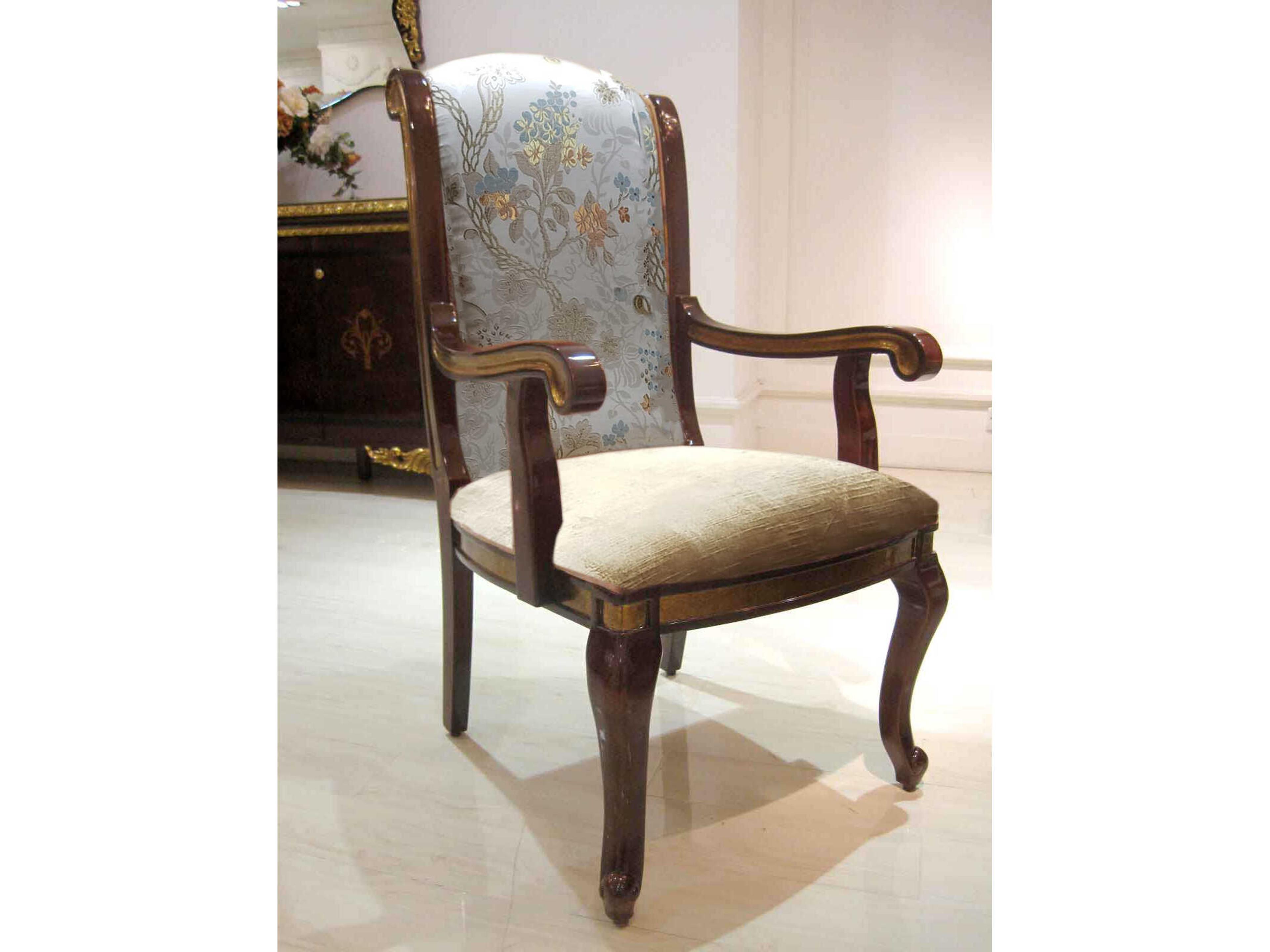 E-63 Walnut Wood Brown Upholstered Arm Dining Chair