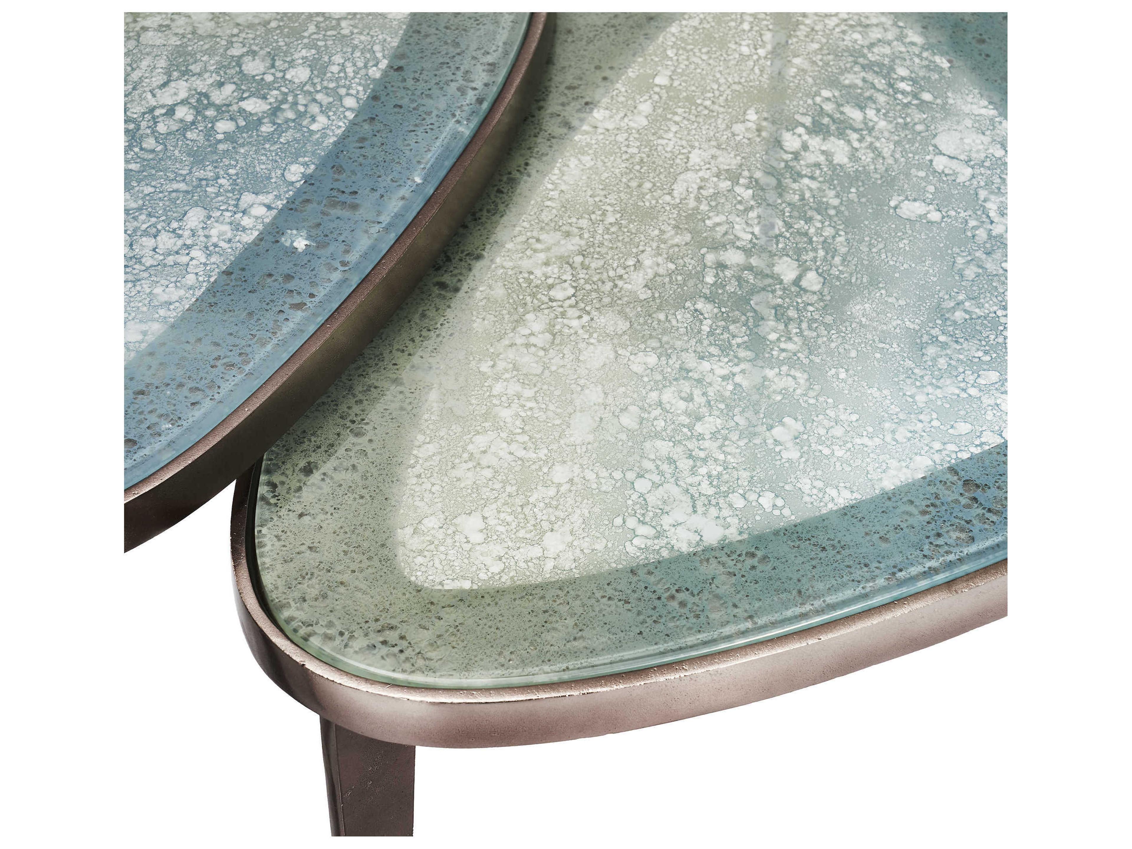 Interlude Home Jan Bunching Antique Nickel Blue Grey Reactive Glass Coffee Tables