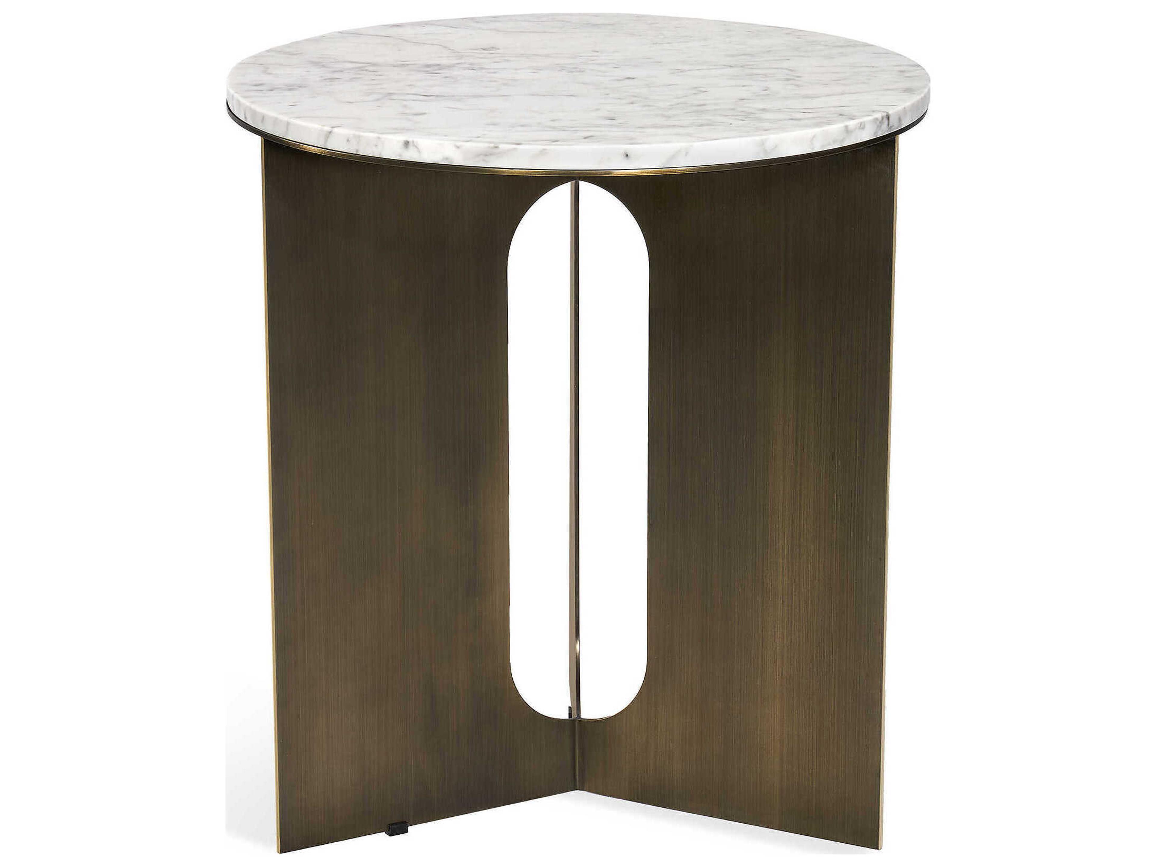 Interlude Home Pierre Round Marble Antique Bronze Carrara White End Table