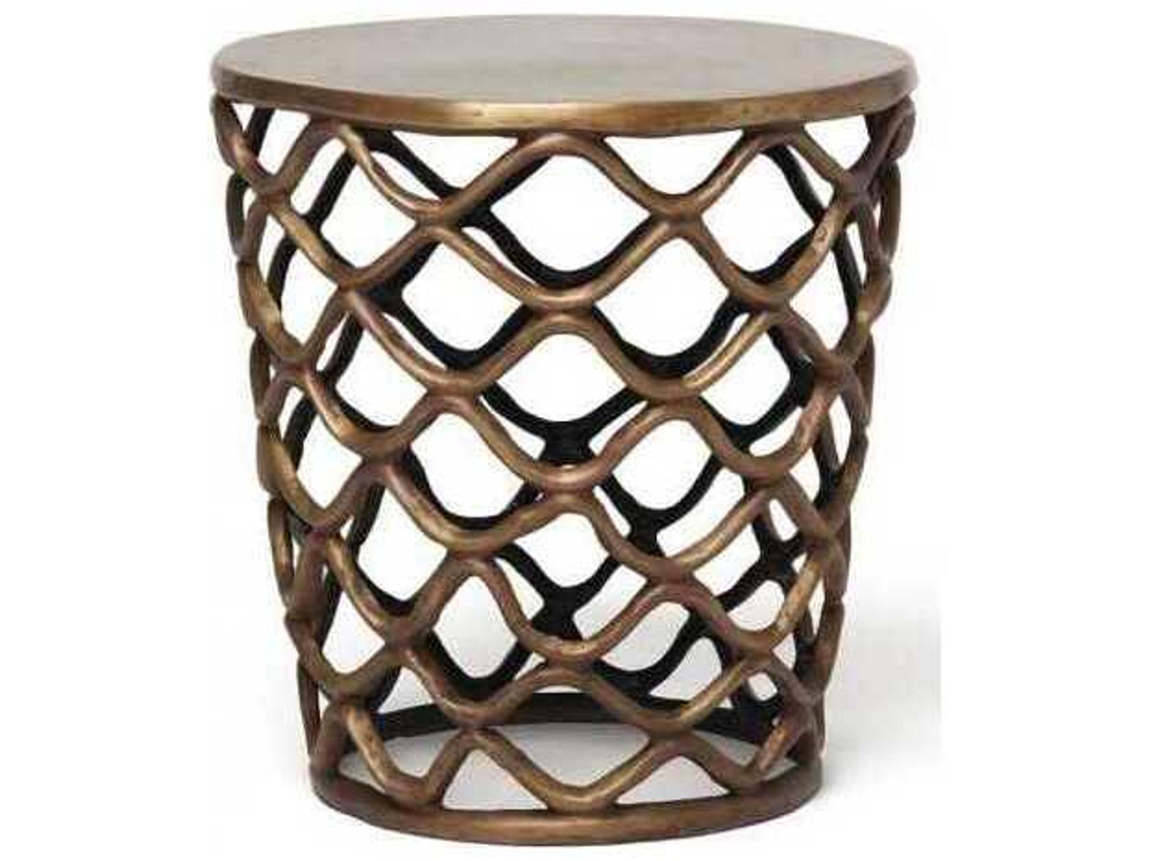 Lattice Round Metal Antique Brass End Table