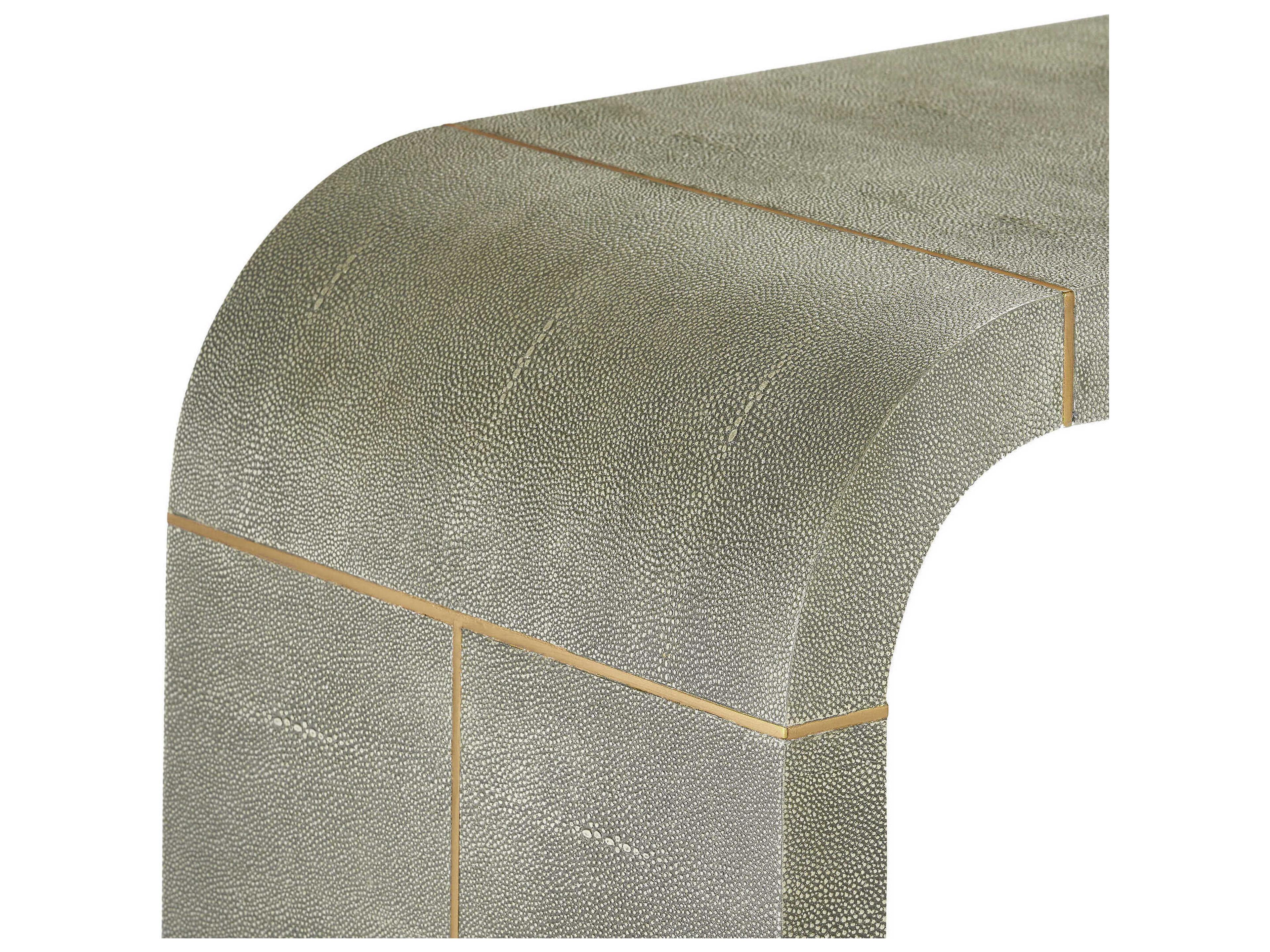 Interlude Home Sutherland Rectangular Faux Leather Sorrel Grey Shagreen Brushed Brass Console Table