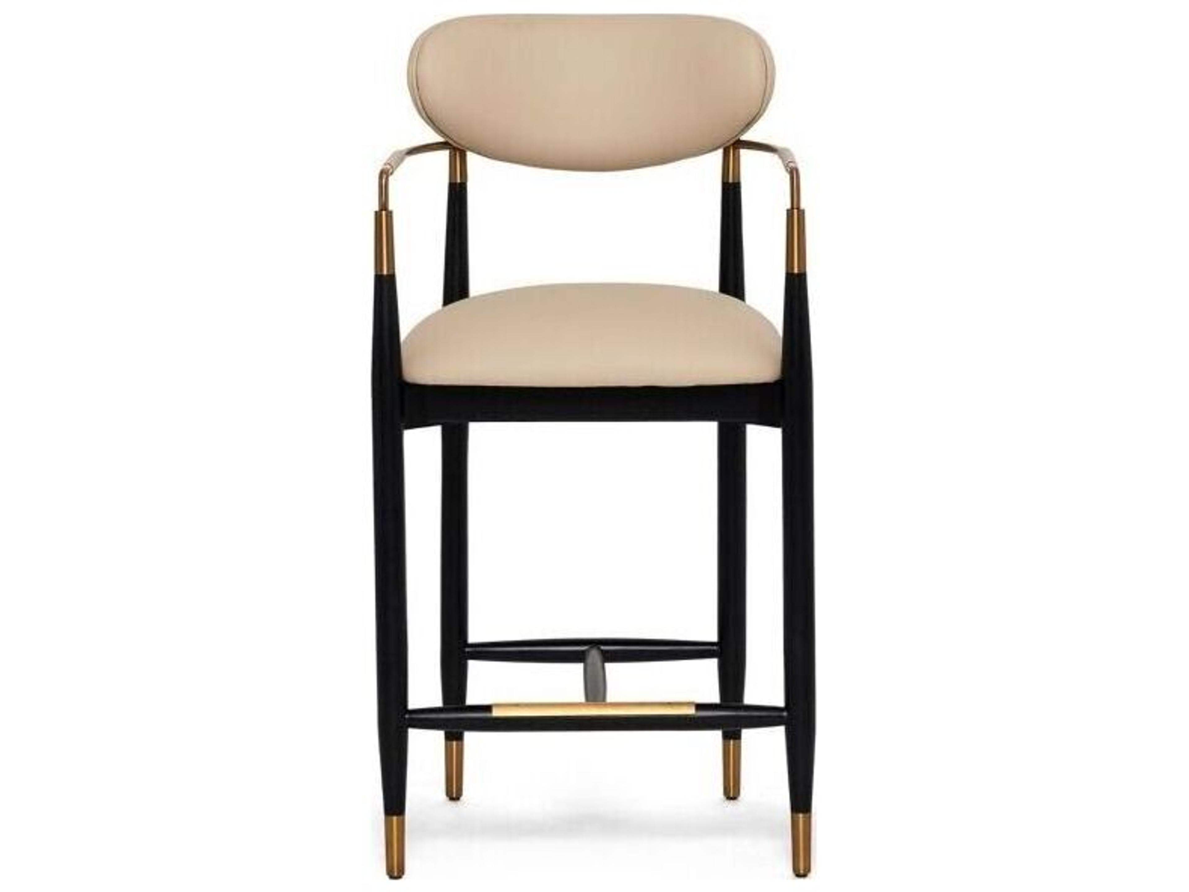 Interlude Home Cidra Matte Black Satin Brass Cream Latte Faux Leather Ash Wood Counter Stool