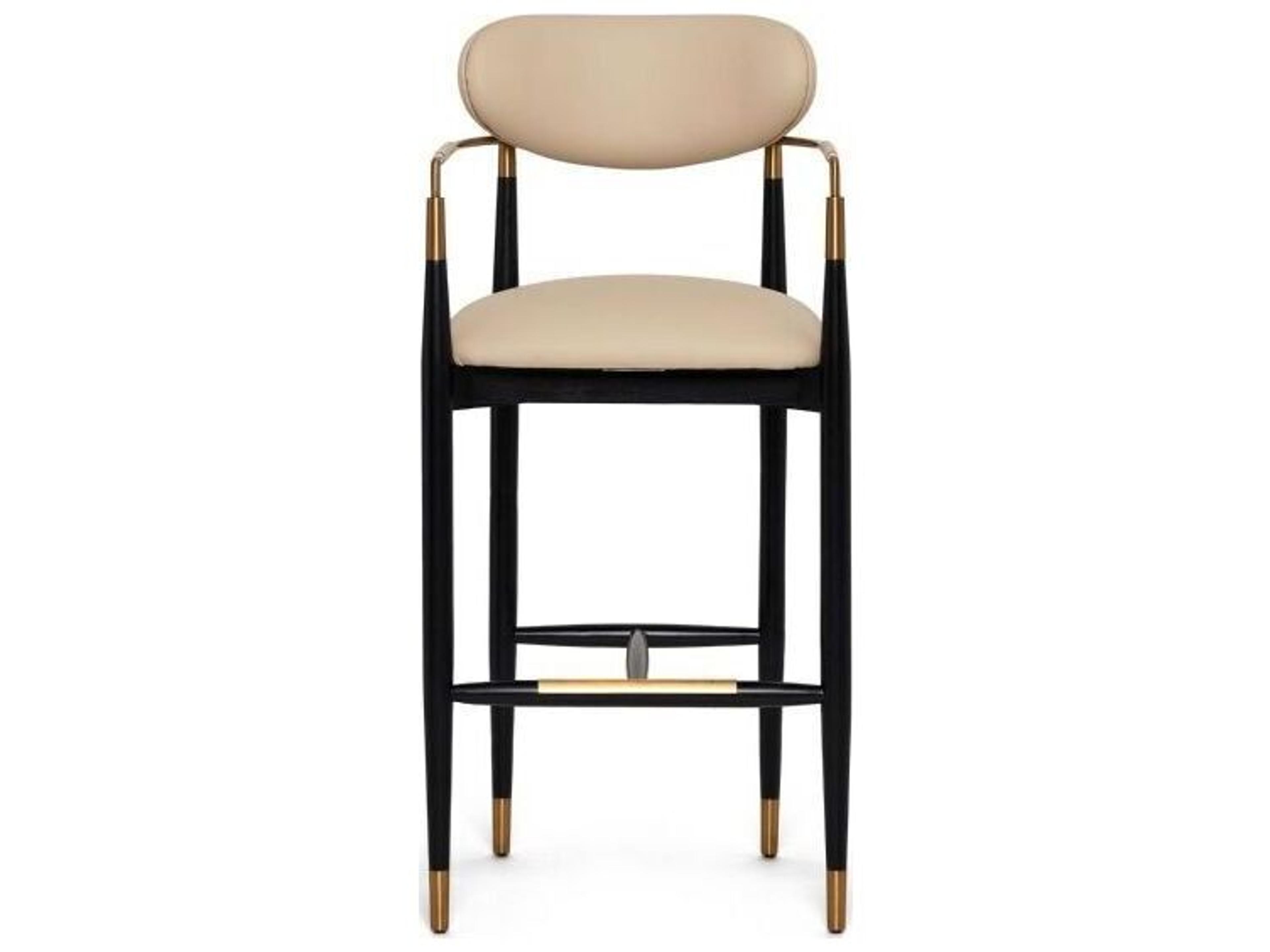 Interlude Home Cidra Matte Black Satin Brass Cream Latte Faux Leather Ash Wood Bar Stool