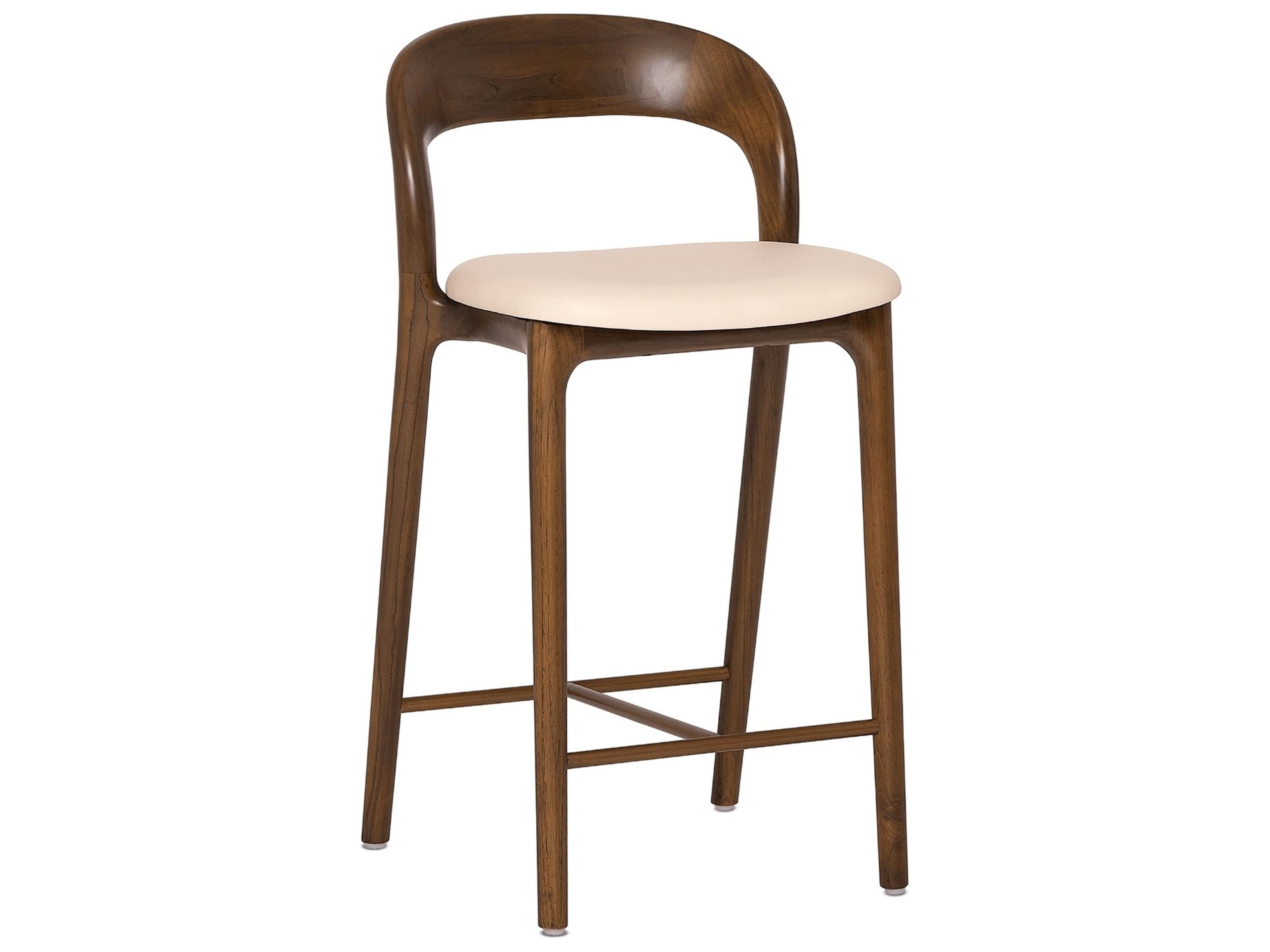 Felix Classic Walnut Grove Brass Leather Teak Wood Counter Stool
