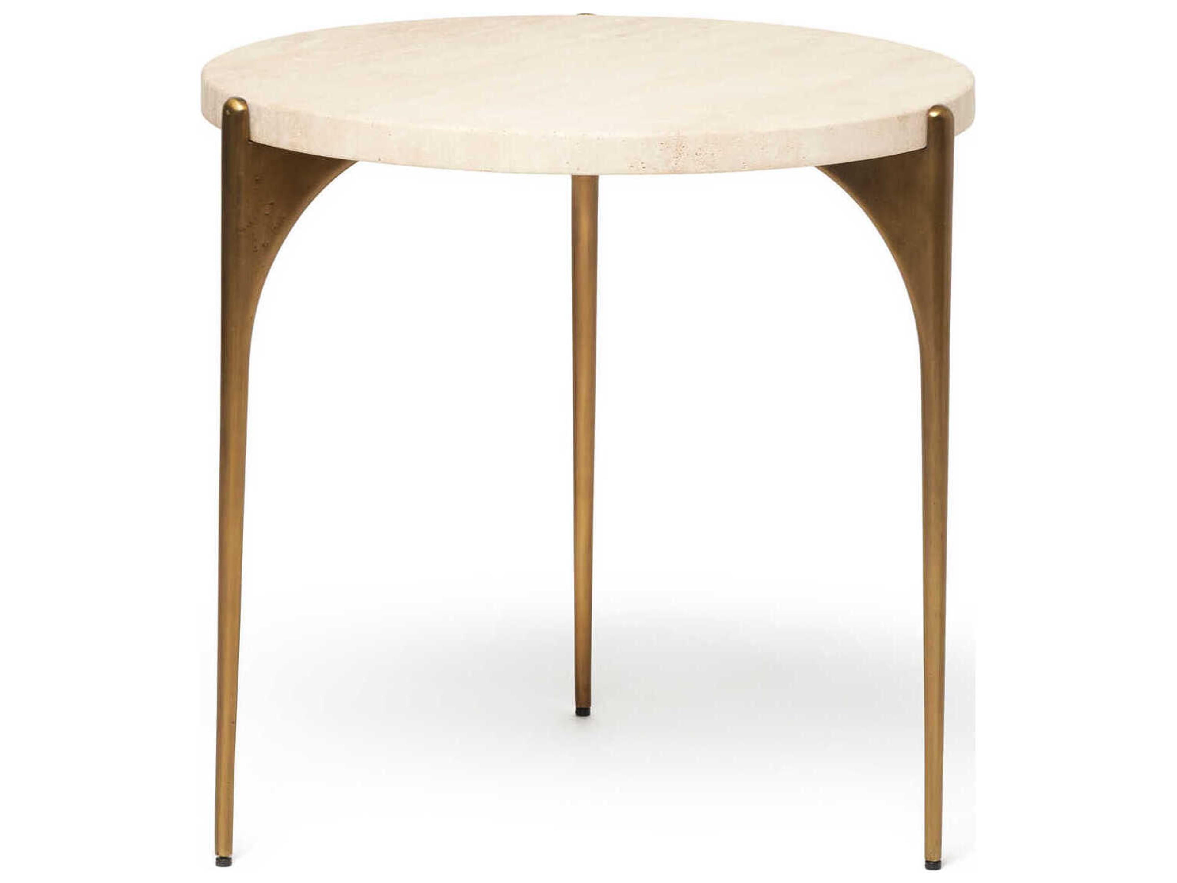 Richmond Round Stone Raw Travertine Golden Bronze End Table