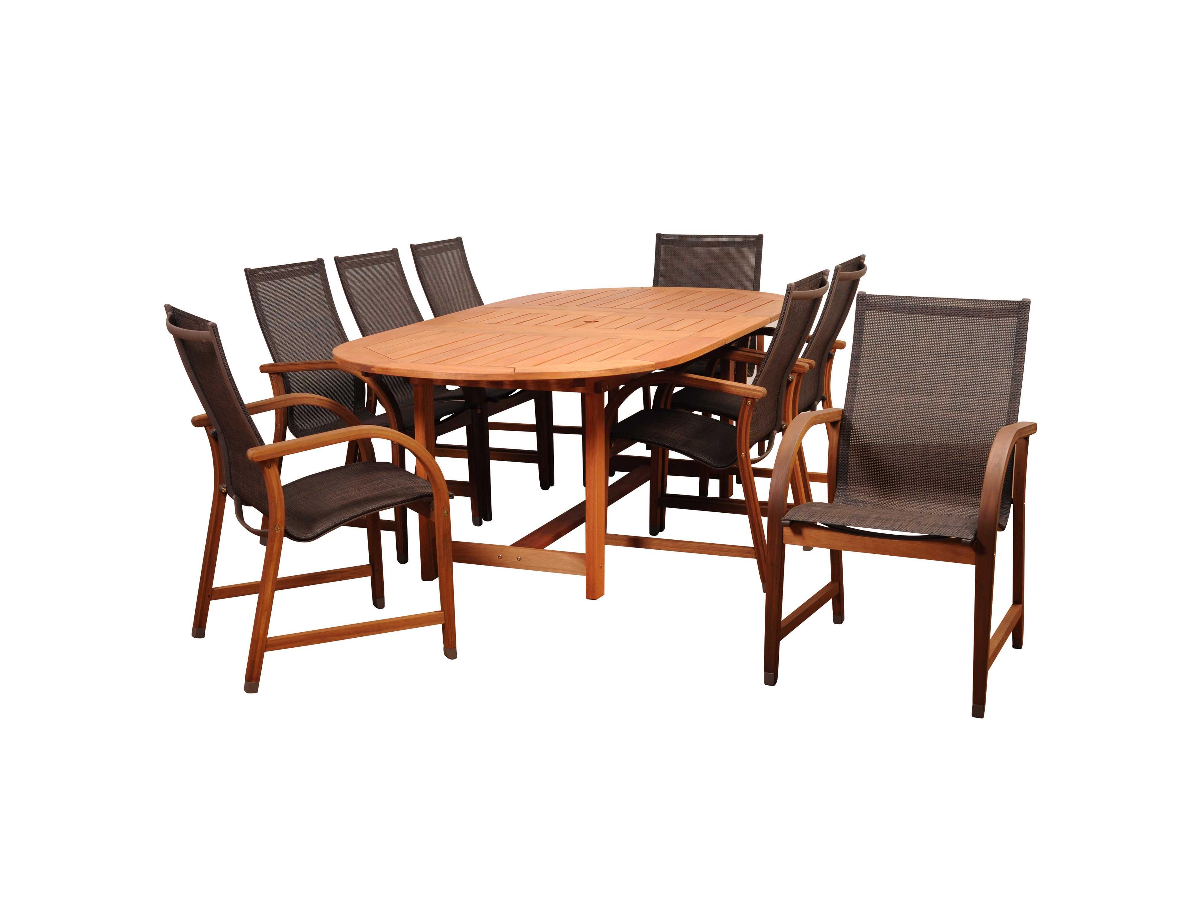 Amazonia Bahamas 9 Piece Eucalyptus Extendable Rectangular Patio Dining Set with Brown Sling Chair
