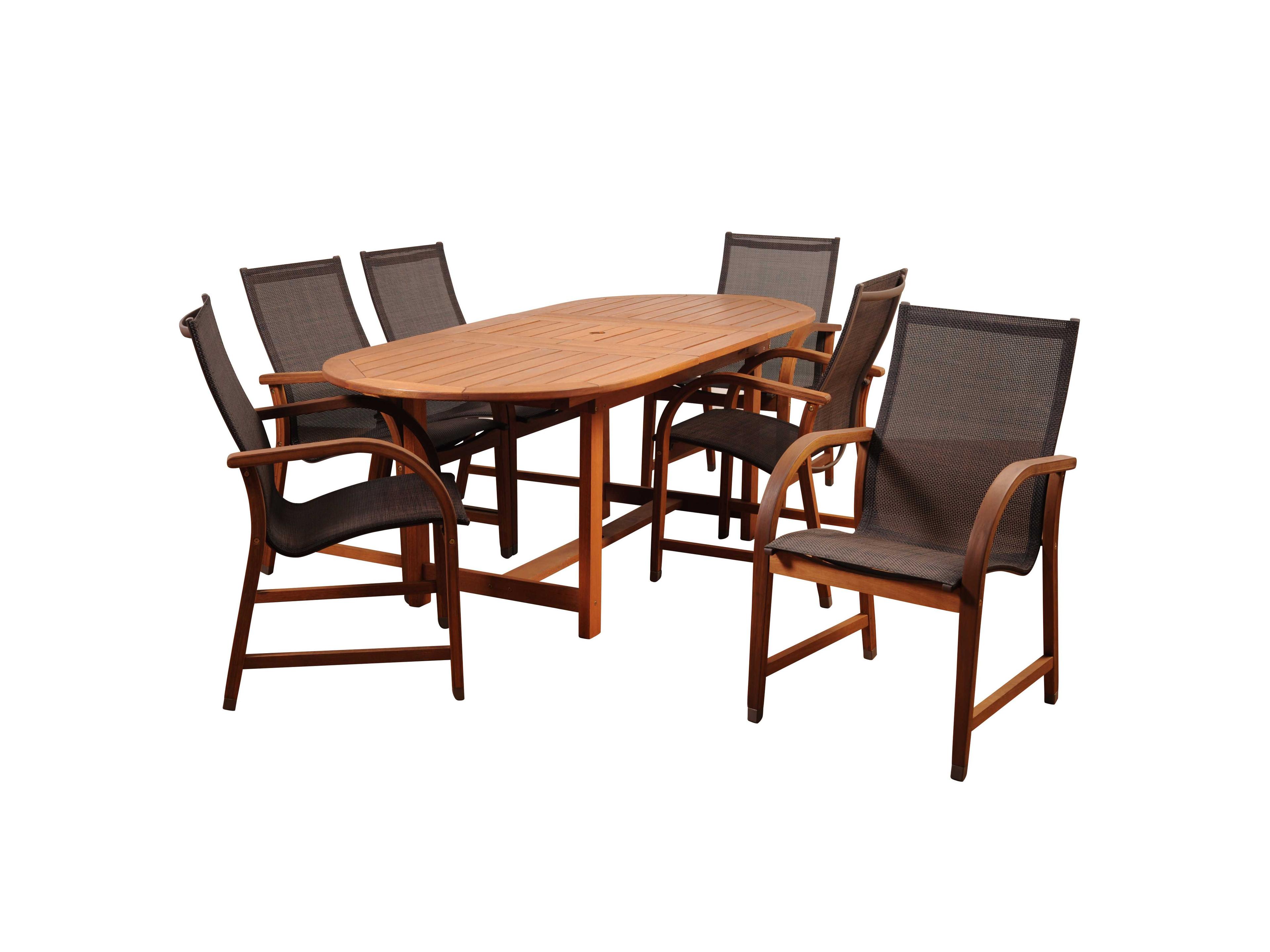 Amazonia Bahamas 7 Piece Eucalyptus Extendable Rectangular Outdoor Dining Set with Brown Sling Chair