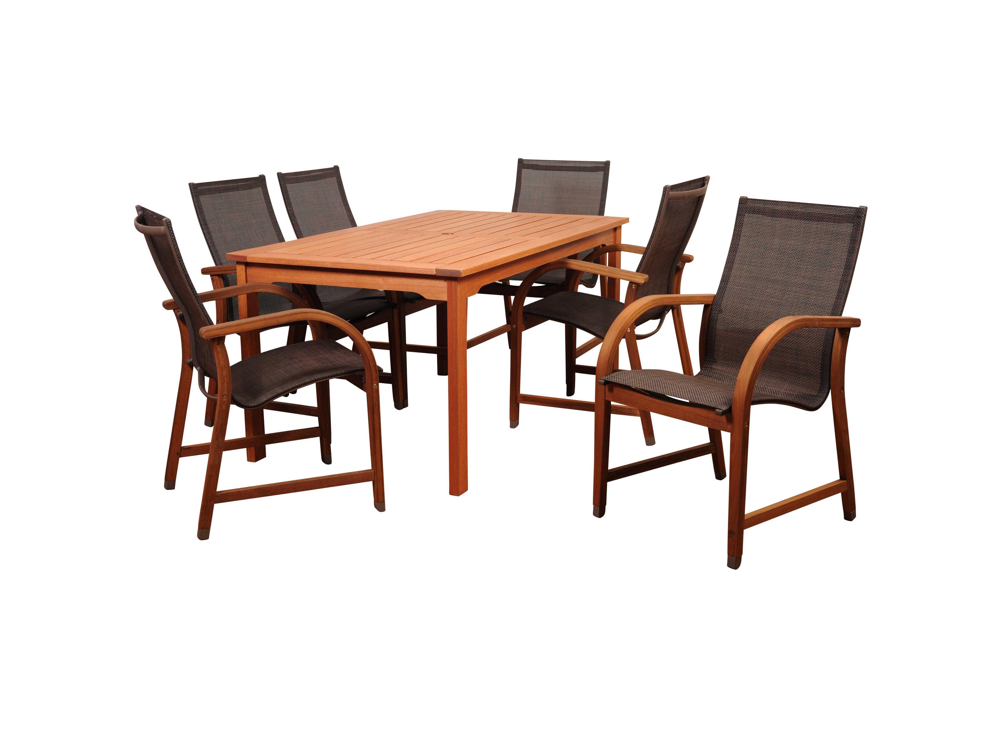 Amazonia Bahamas 7 Piece Eucalyptus Rectangular Patio Dining Set with Brown Sling Chair