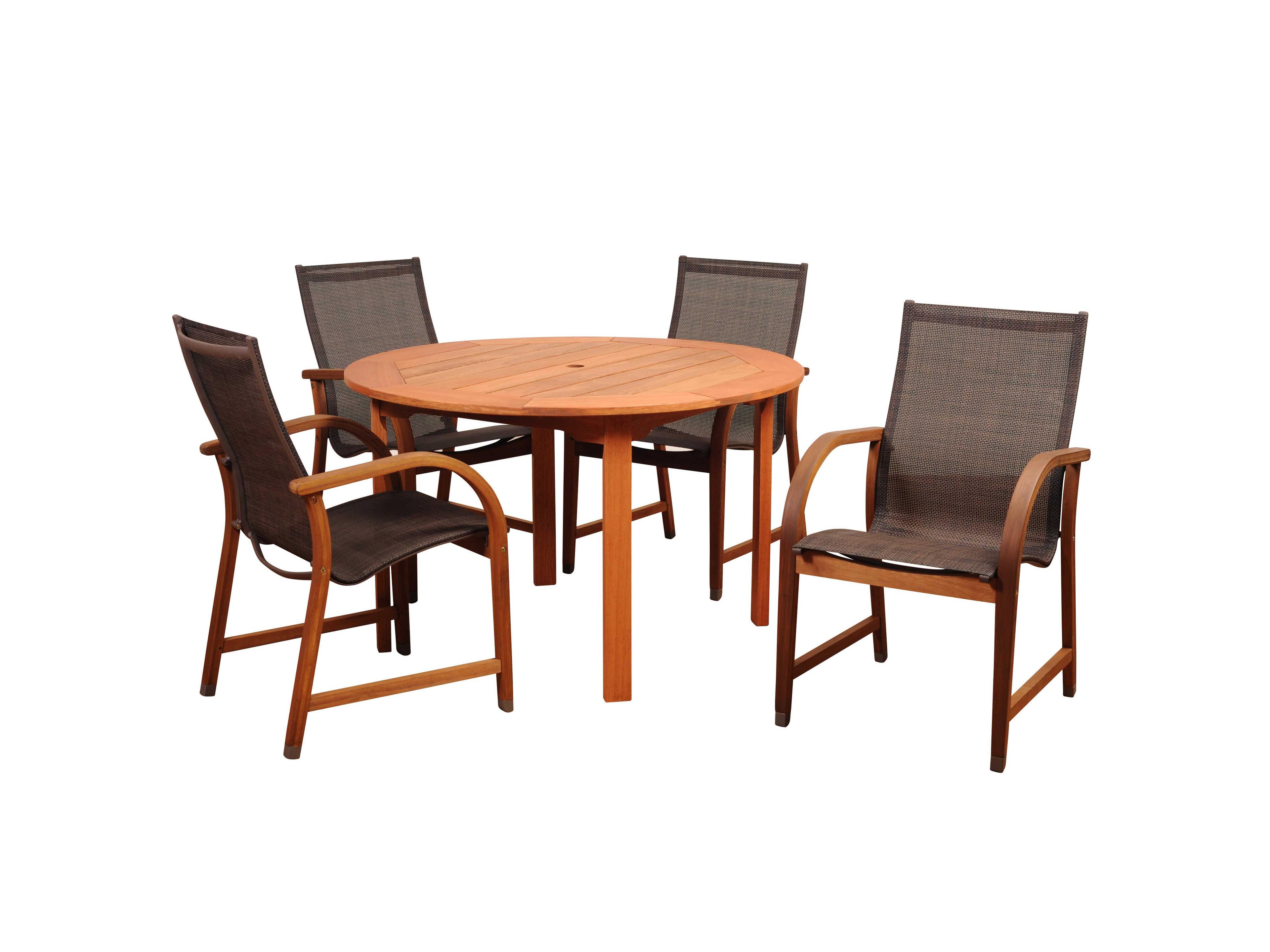 Amazonia Bahamas 5 Piece Eucalyptus Round Outdoor Dining Set with Brown Sling Chair