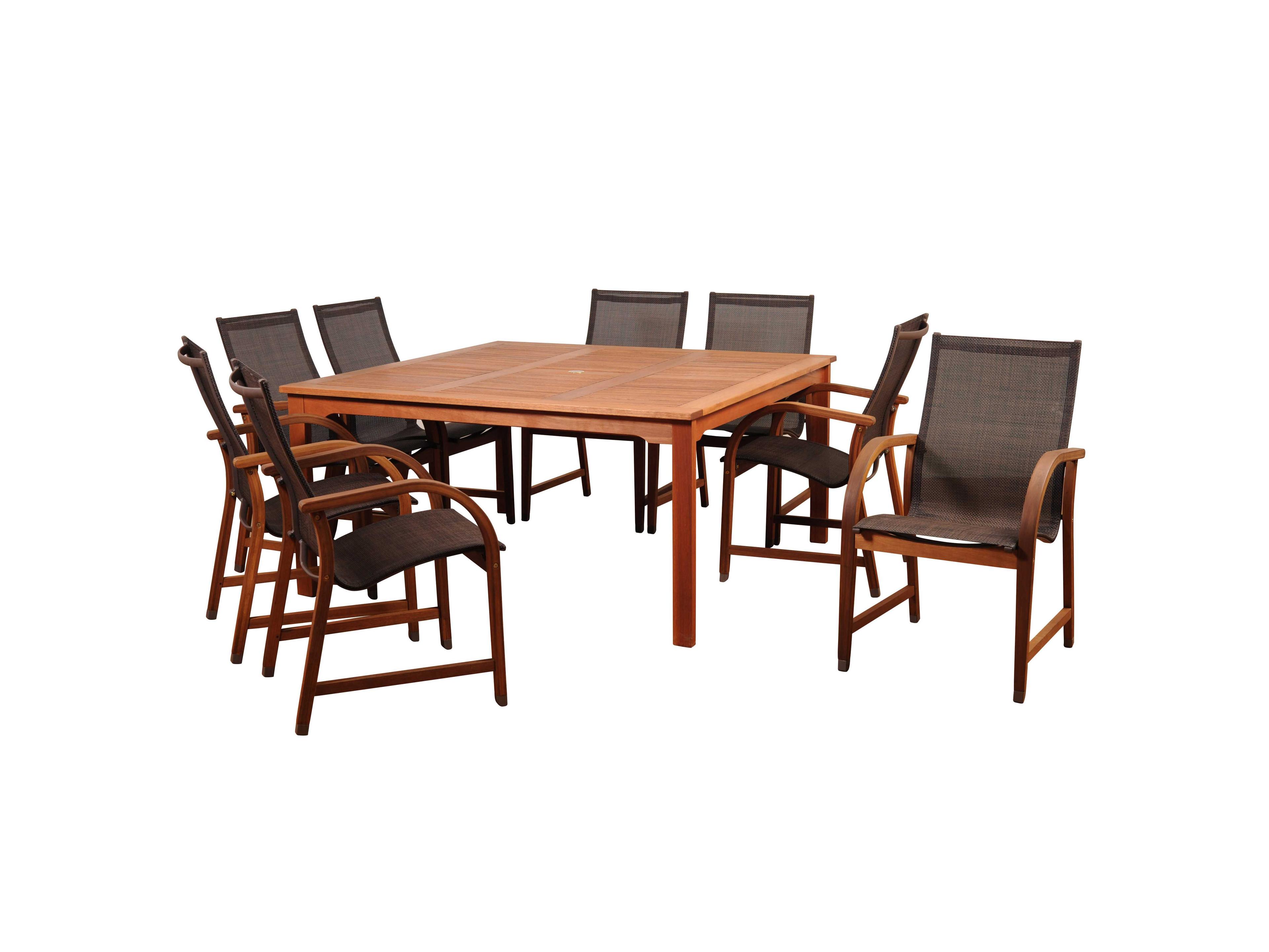 Amazonia Bahamas 9 Piece Eucalyptus Square Outdoor Patio Dining Set with Brown Sling Chair