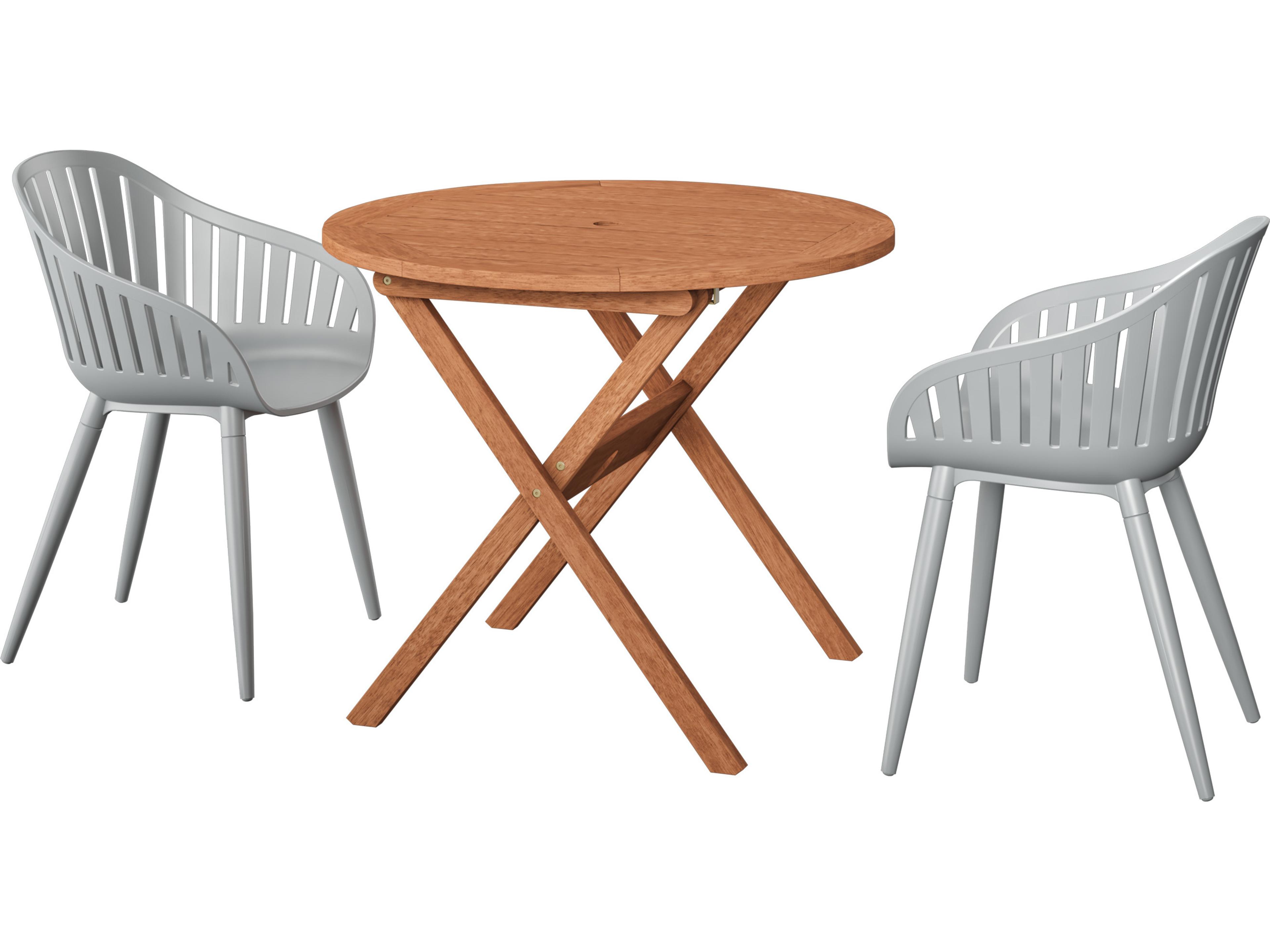 Amazonia Ricard Eucalyptus 3 Piece Outdoor Round Dining Set with Grey Aluminum Chairs