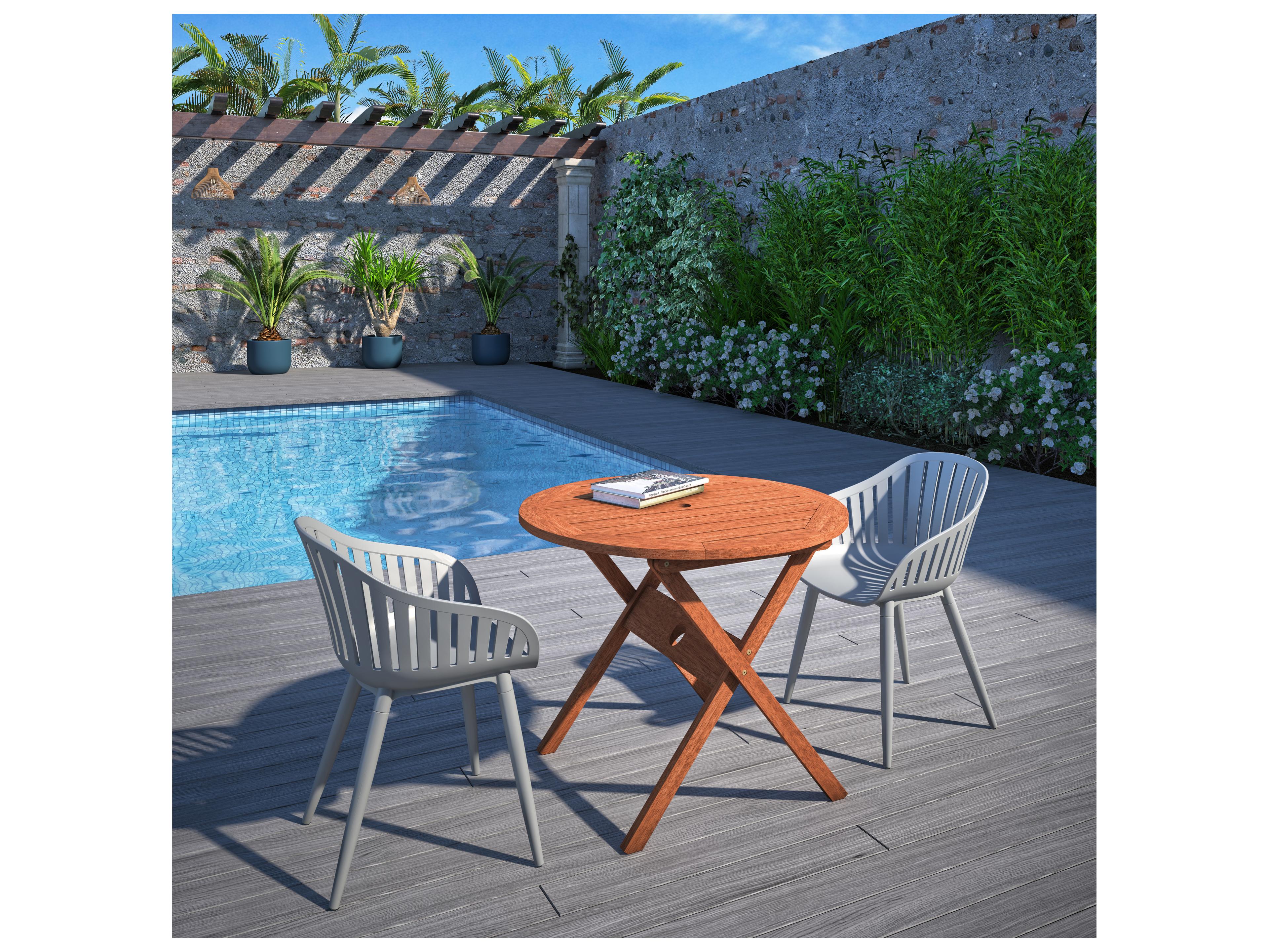 International Home Miami Amazonia Ricard Eucalyptus 3 Piece Outdoor Round Dining Set with Grey Aluminum Chairs