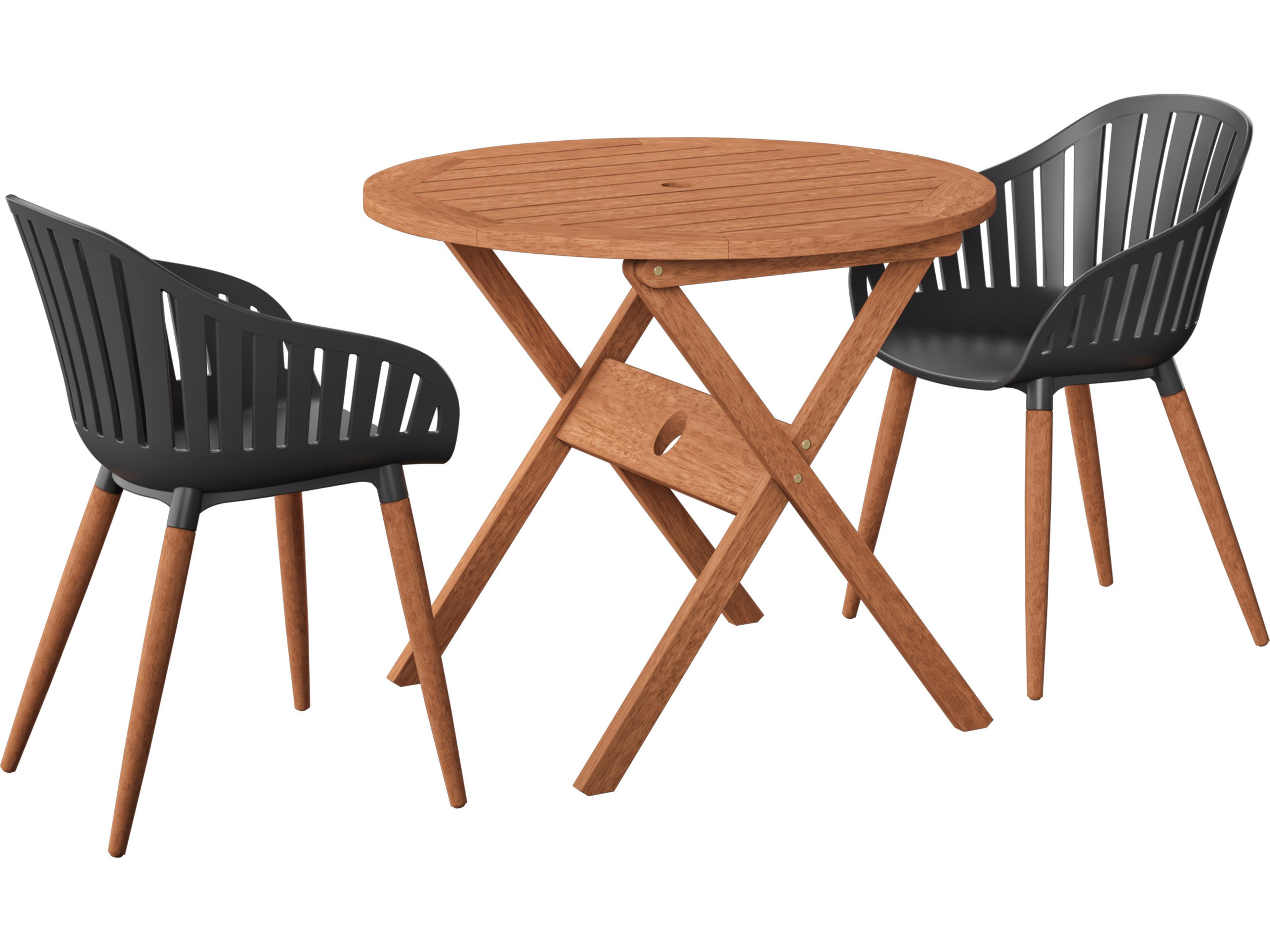 Amazonia Ricard Eucalyptus 3 Piece Outdoor Round Dining Set with Black Chairs