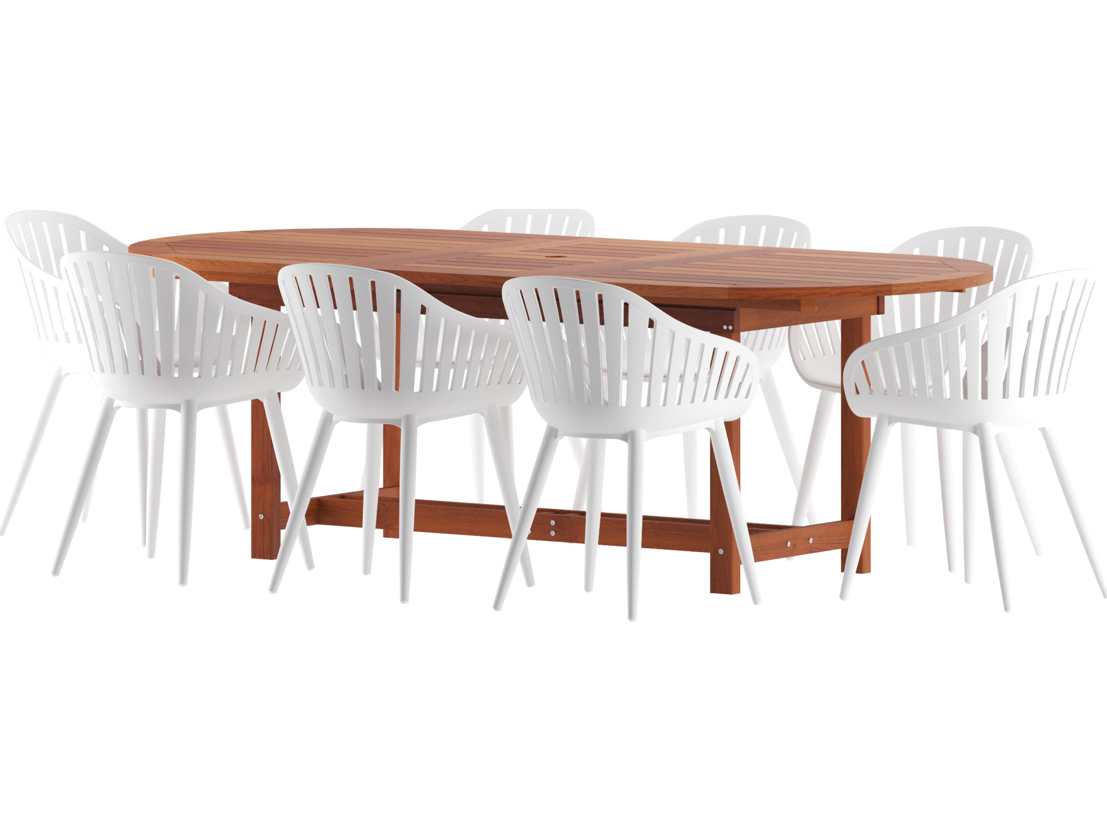 Amazonia Hungaroring Eucalyptus 9 Piece Outdoor Oval Extendable Dining Set with White Aluminum Chairs