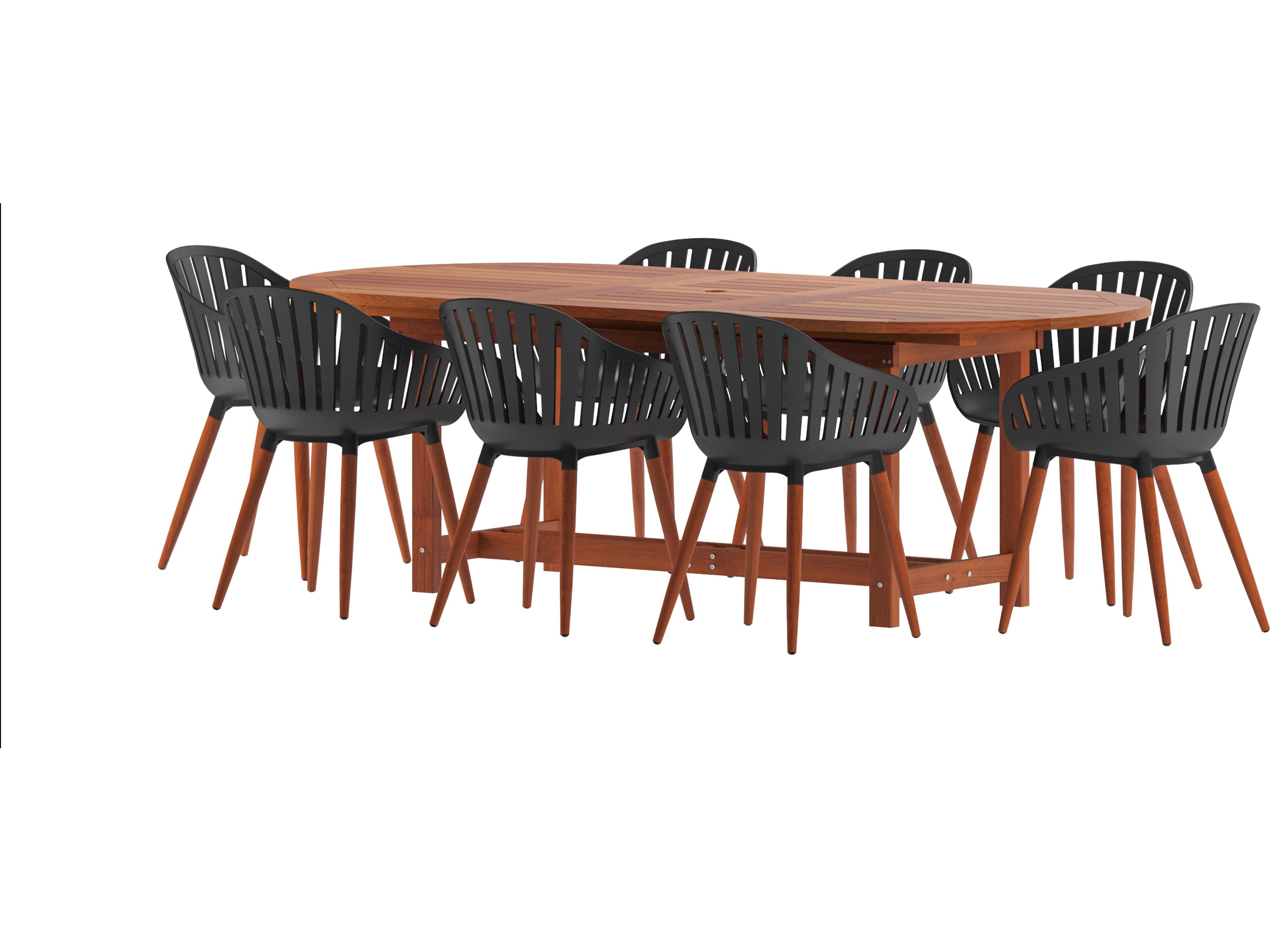 Amazonia Hungaroring Eucalyptus 9 Piece Outdoor Oval Extendable Dining Set with Black Chairs