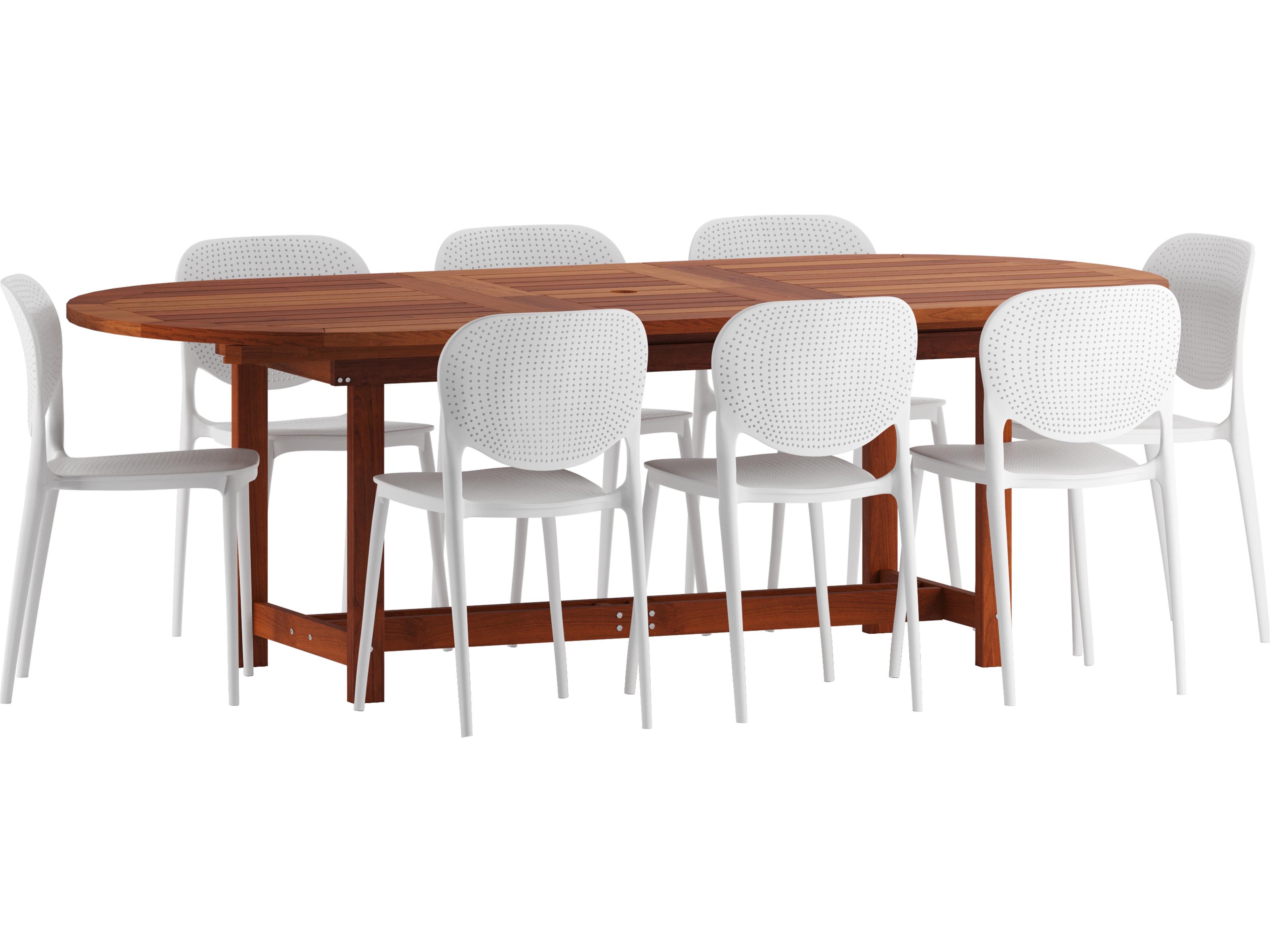 Amazonia Hungaroring Eucalyptus 9 Piece Outdoor Oval Extendable Dining Set with White Plastic Chairs