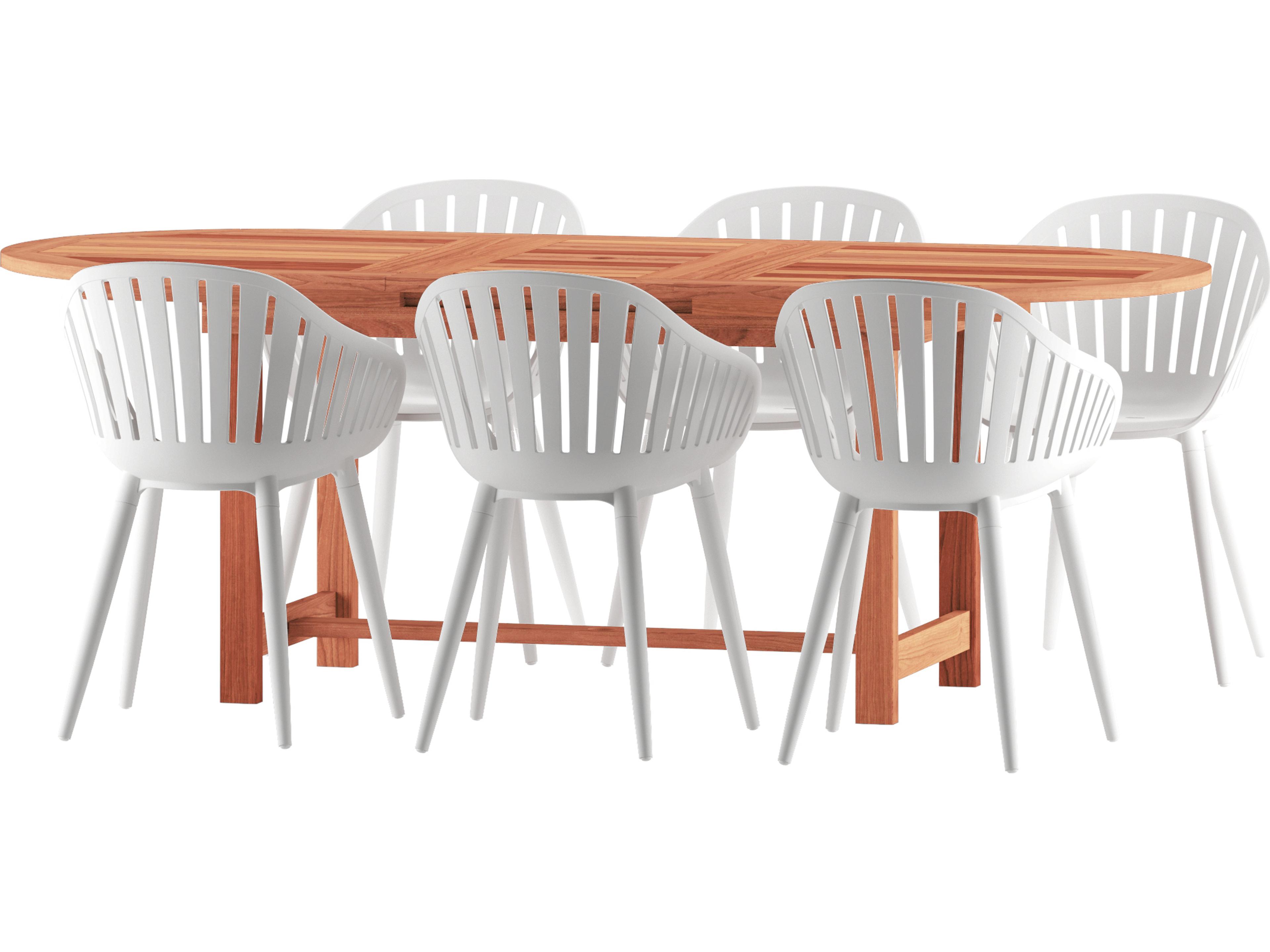 Amazonia Francorchamps Eucalyptus 7 Piece Outdoor Oval Extendable Dining Set with White Aluminum Chairs