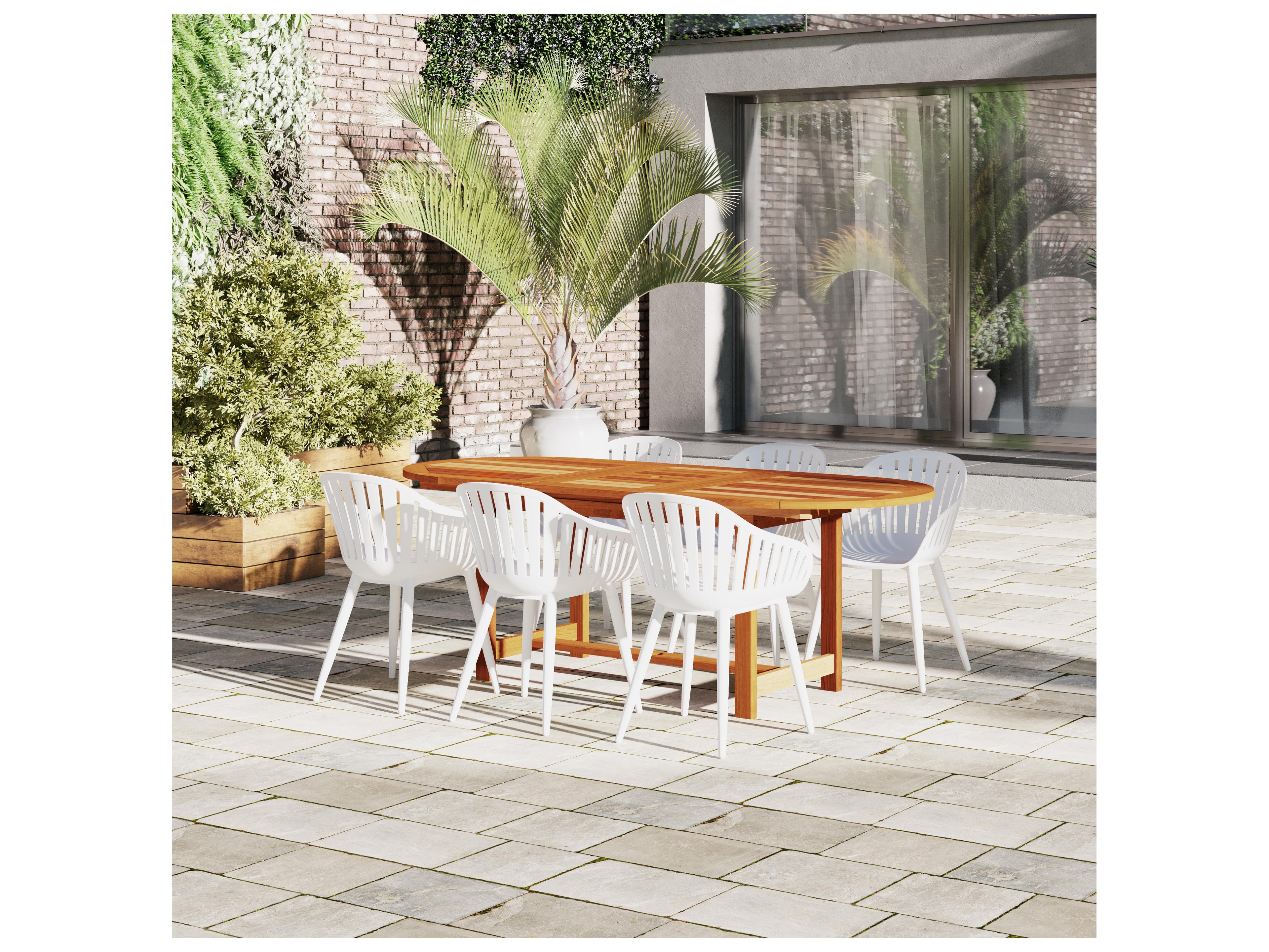 International Home Miami Amazonia Francorchamps Eucalyptus 7 Piece Outdoor Oval Extendable Dining Set with White Aluminum Chairs
