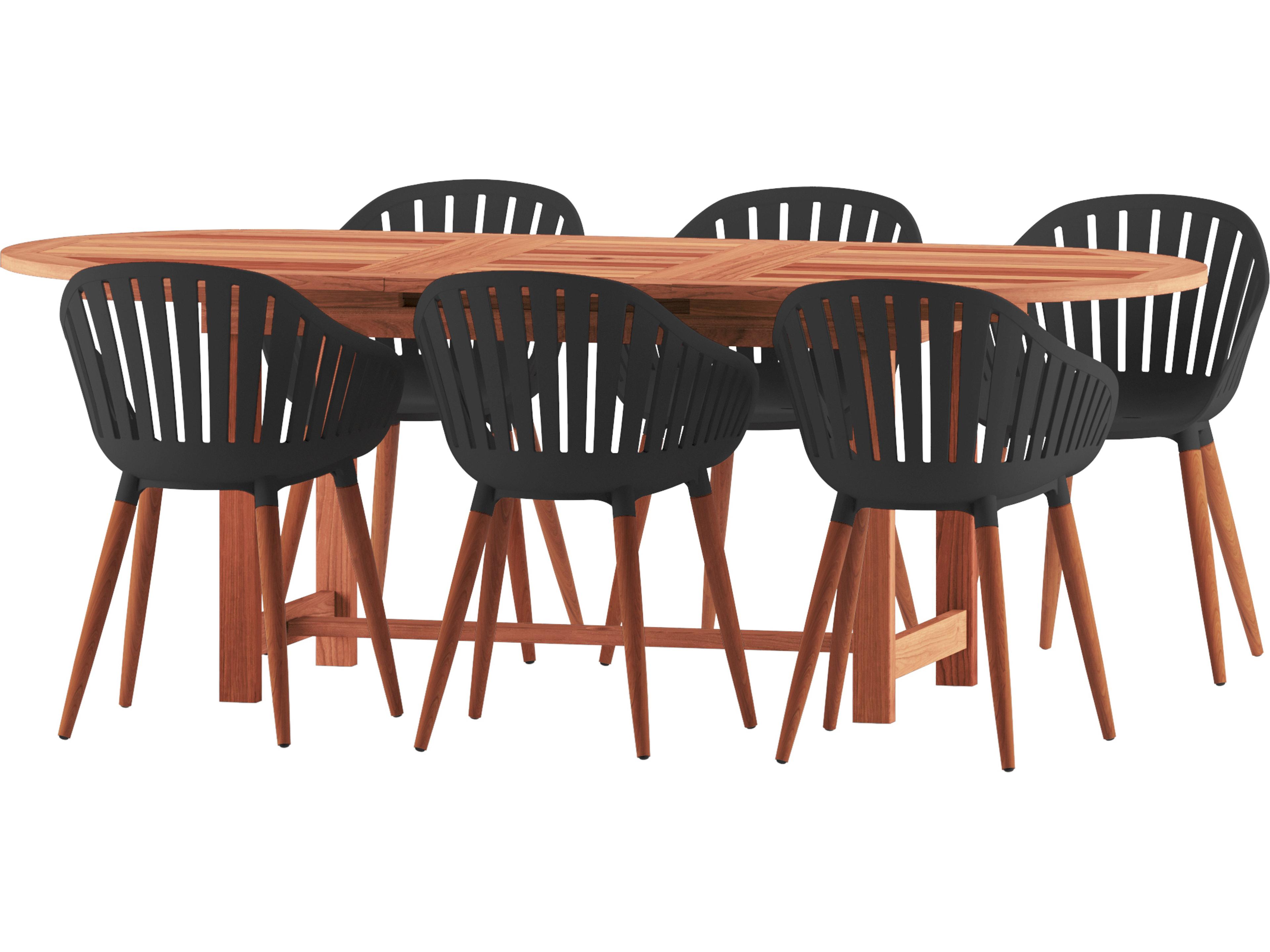 Amazonia Francorchamps Eucalyptus 7 Piece Outdoor Oval Extendable Dining Set with Black Chairs