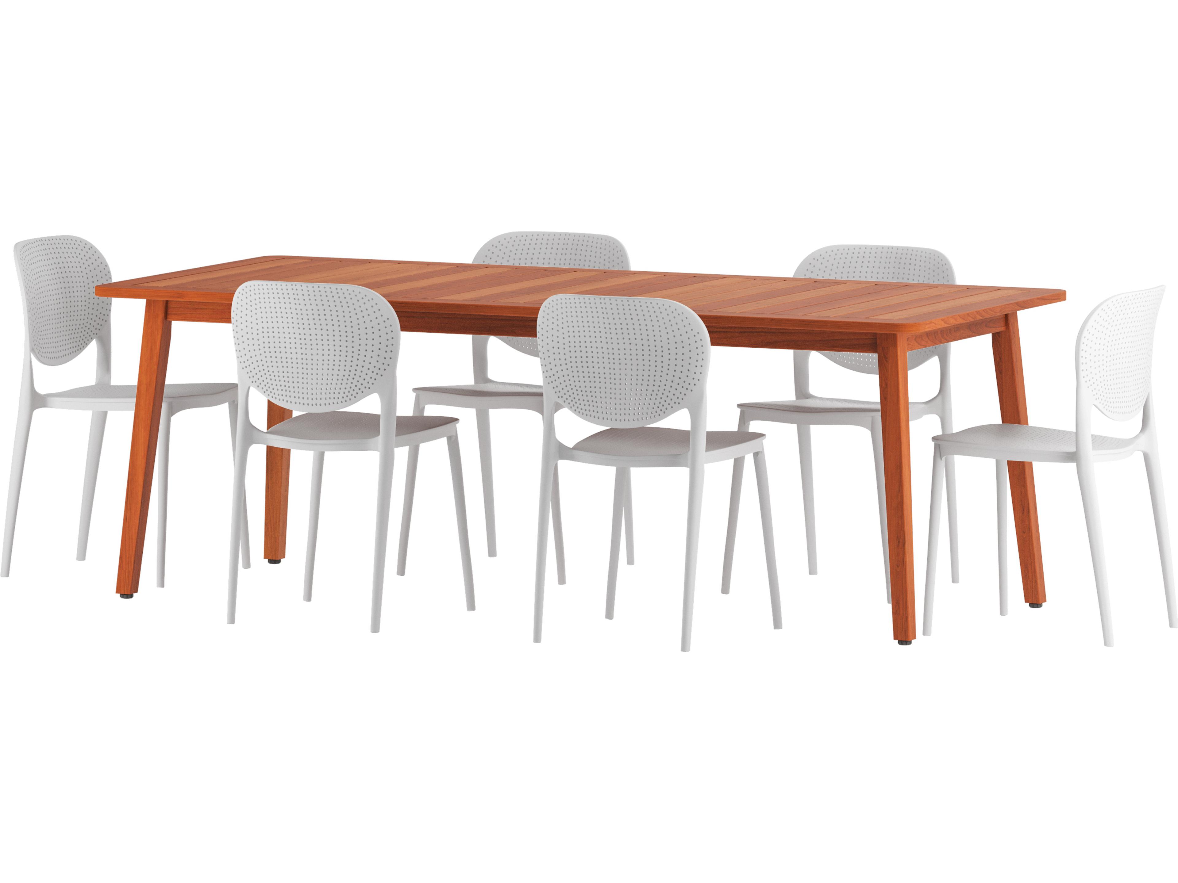 Amazonia Pace Eucalyptus 7 Piece Outdoor Rectangular Dining Set with White Plastic Chairs