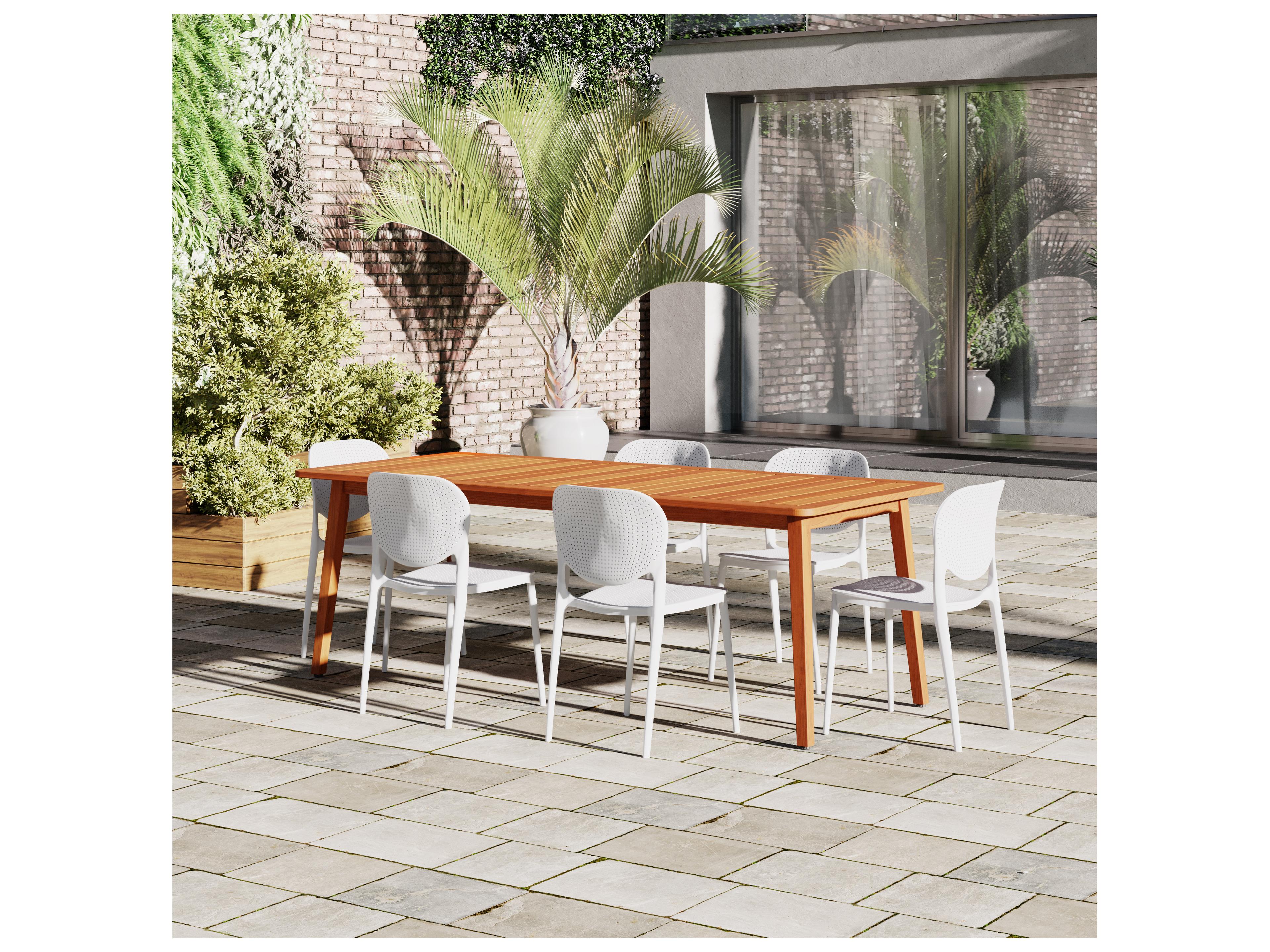 International Home Miami Amazonia Pace Eucalyptus 7 Piece Outdoor Rectangular Dining Set with White Plastic Chairs