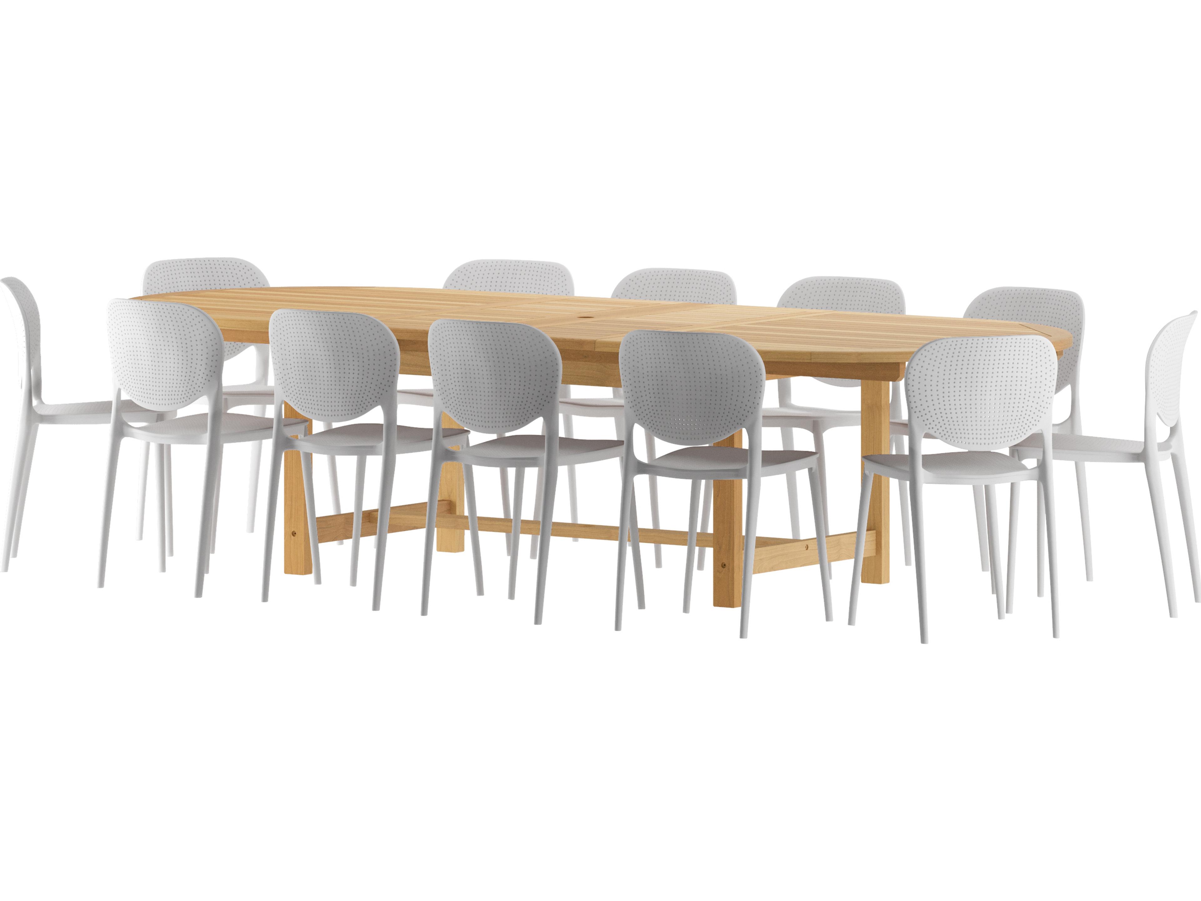 Amazonia Abu Dhabi Teak 13 Piece Outdoor Oval Extendable Dining Set with White Plastic Chairs
