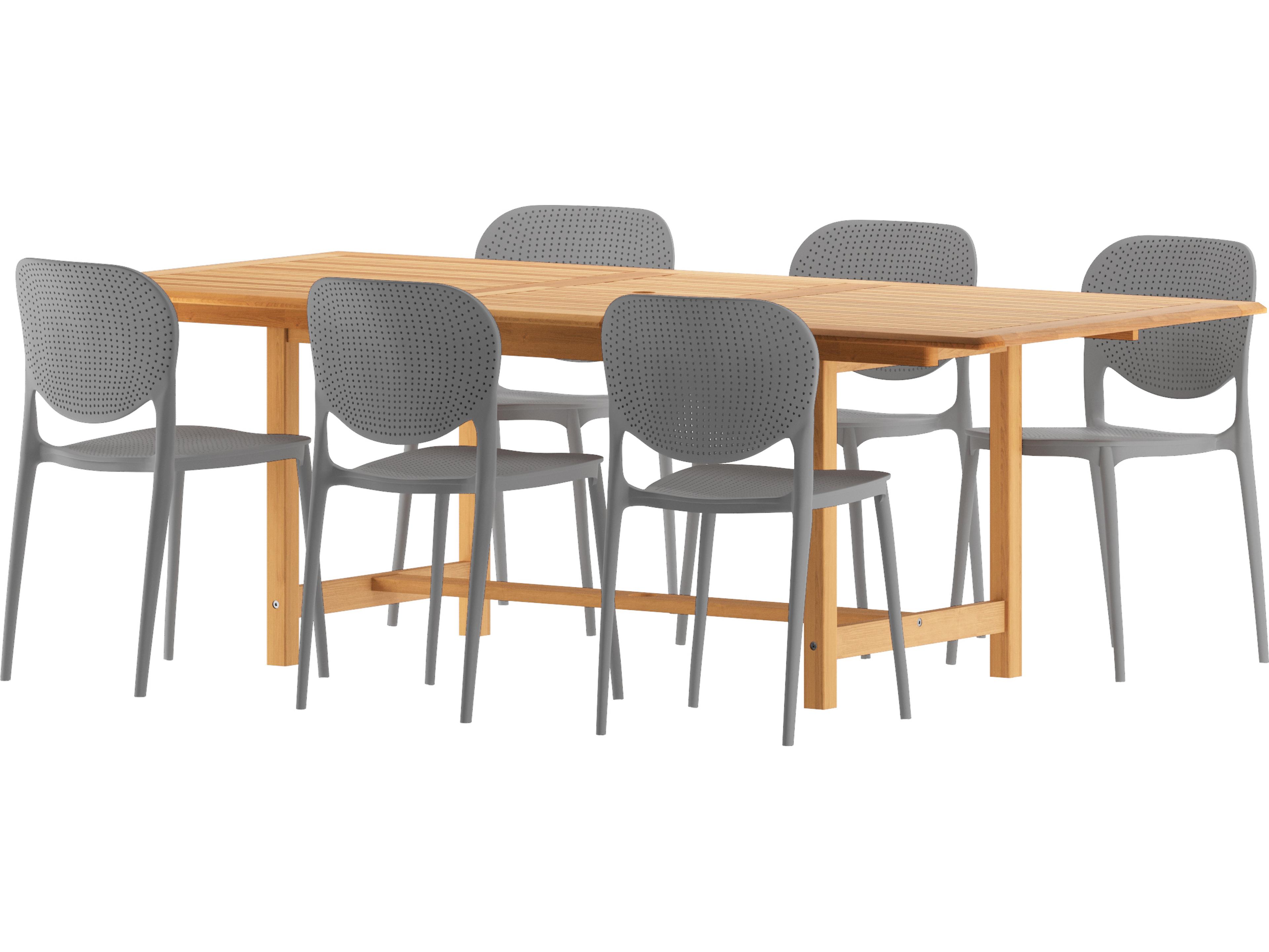 Amazonia Senna Teak 7 Piece Outdoor Oval Extendable Dining Set with Grey Plastic Chairs