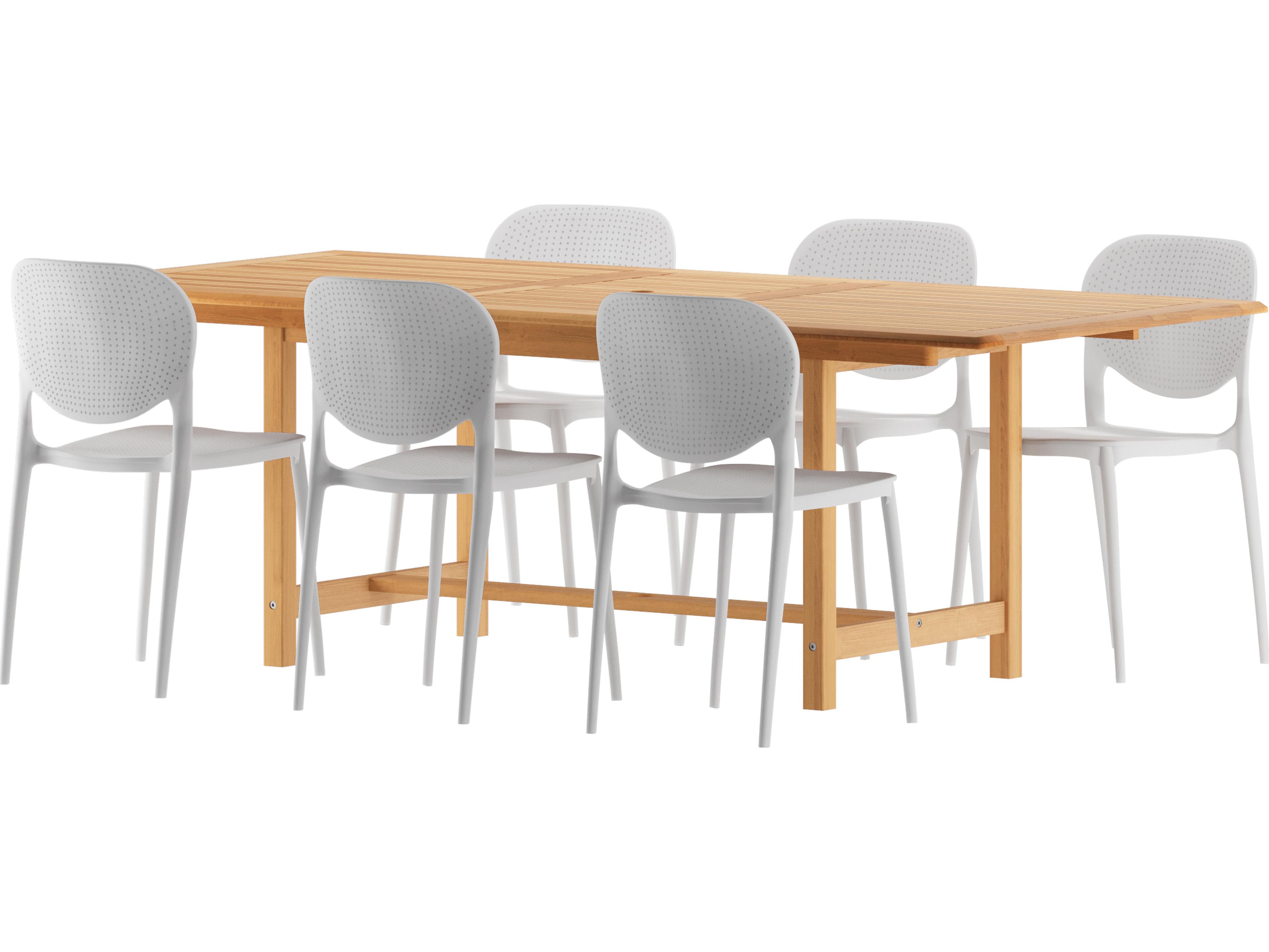 Amazonia Senna Teak 7 Piece Outdoor Oval Extendable Dining Set with White Plastic Chairs