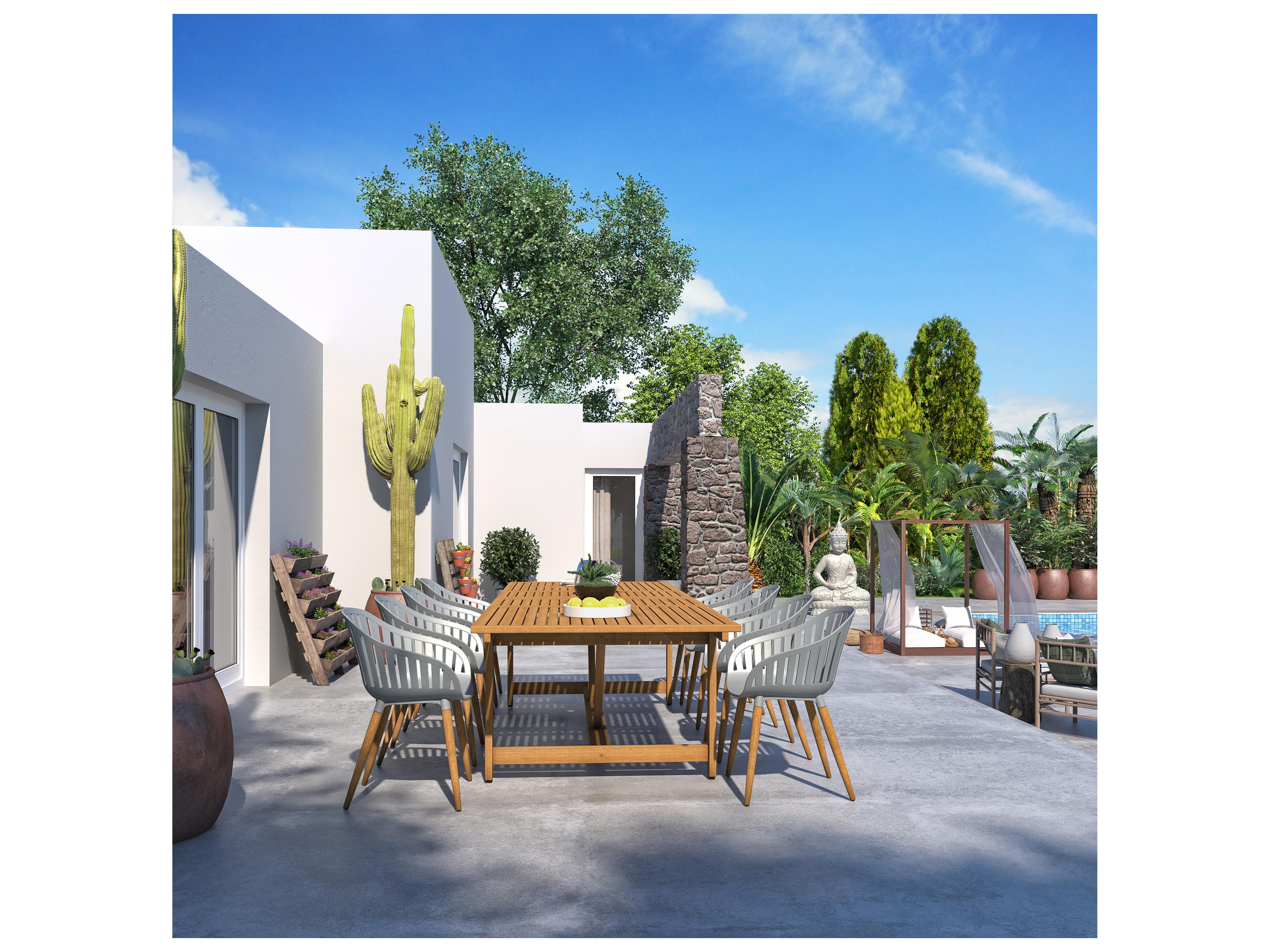 International Home Miami Amazonia Interlagos Teak Finish 9 Piece Outdoor Rectangular Extendable dining set with Grey chairs