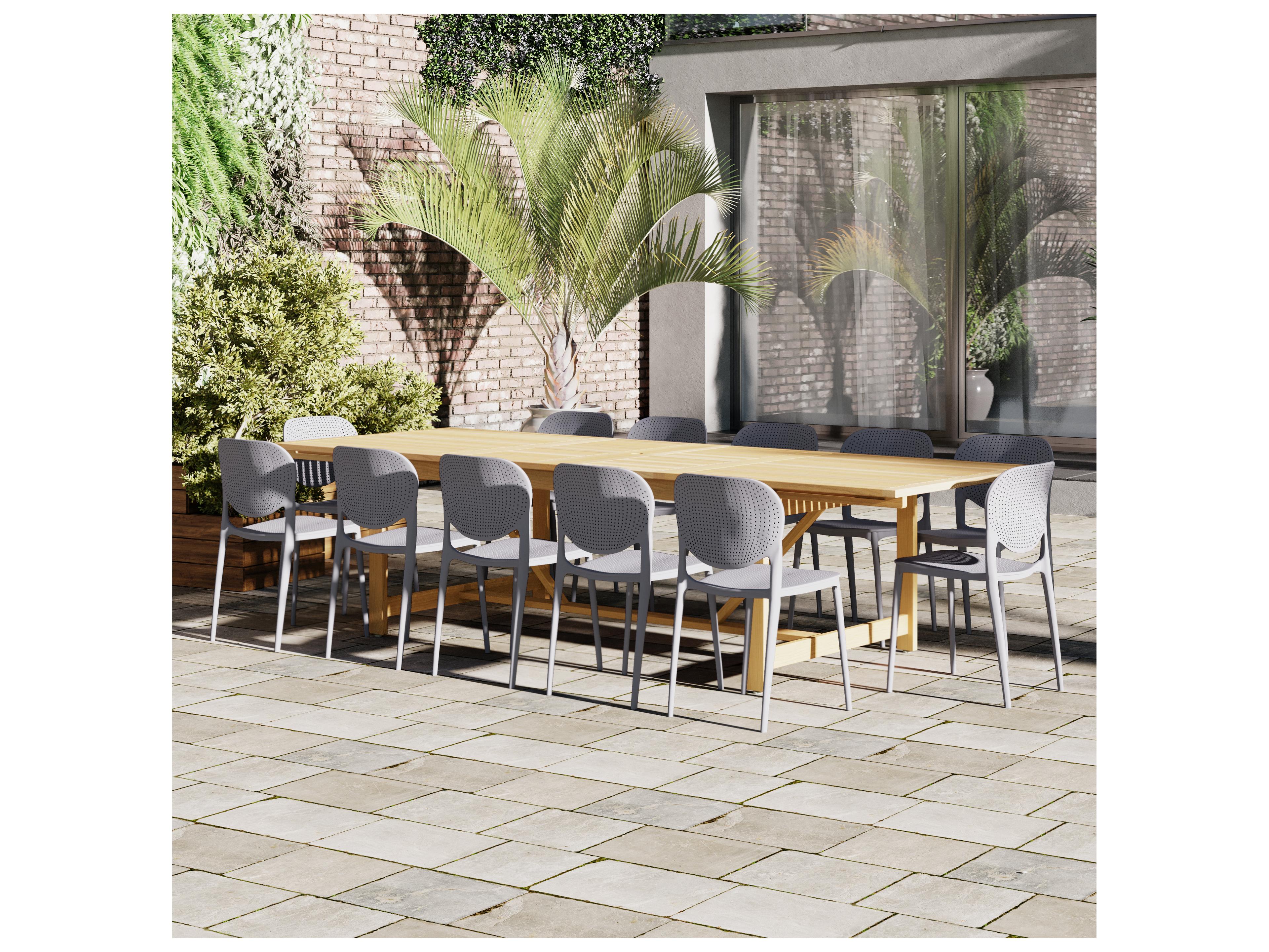 International Home Miami Amazonia Interlagos Teak Finish 13 Piece Outdoor Rectangular Extendable dining set with Grey Plastic chairs