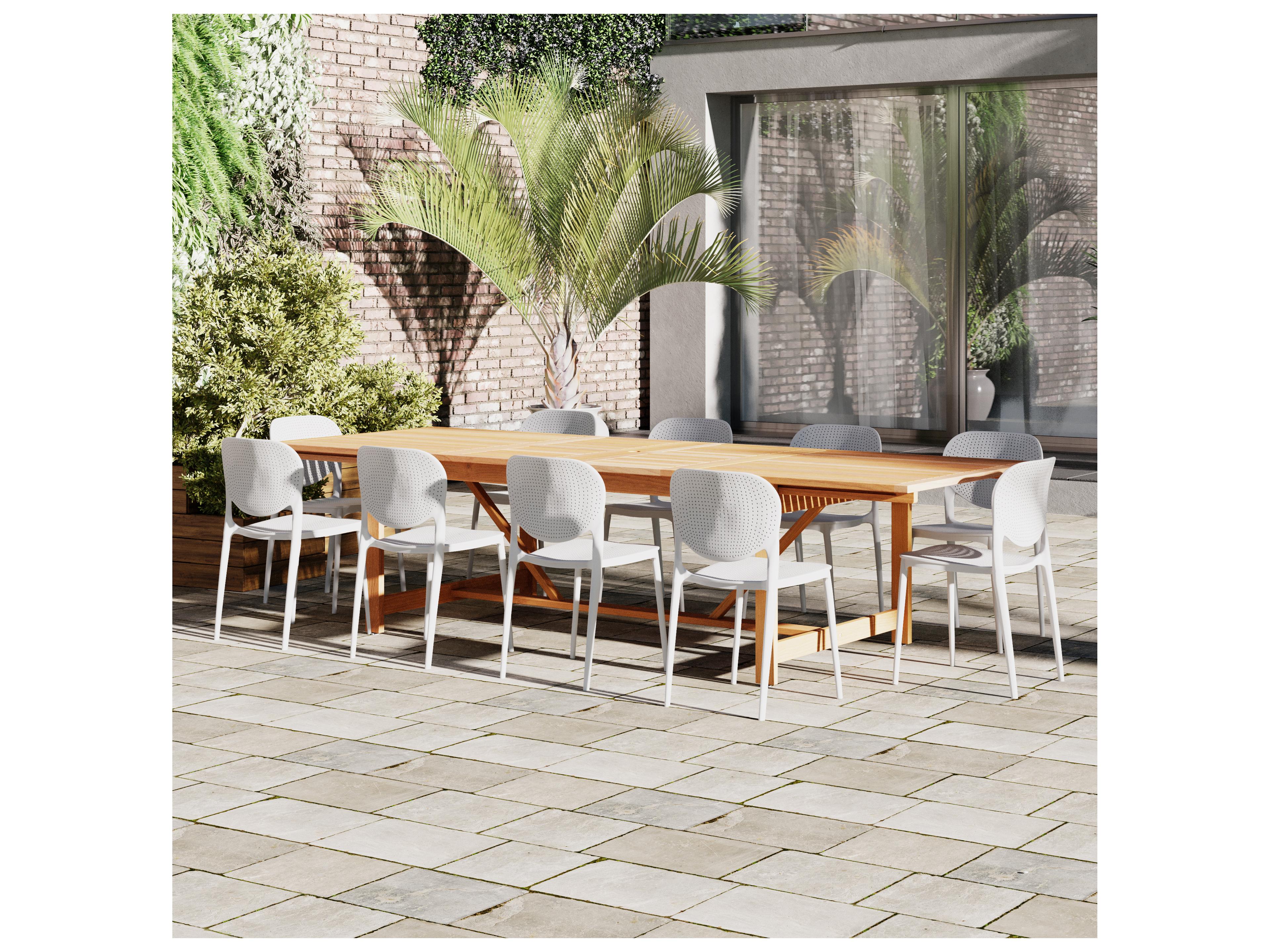 International Home Miami Amazonia Interlagos Word 11 Piece Outdoor Rectangular Extendable dining set with White Plastic chairs