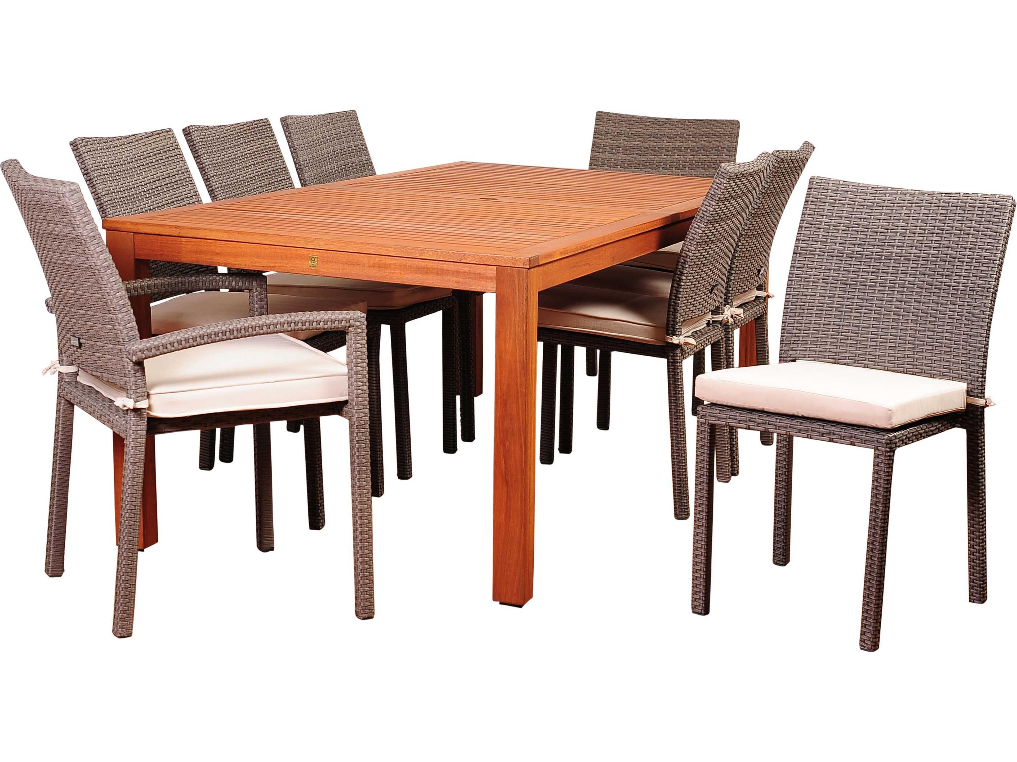 Amazonia Wood & Wicker Vienna 9 Piece Eucalyptus Rectangular Outdoor Dining Set with Off-White Cushions
