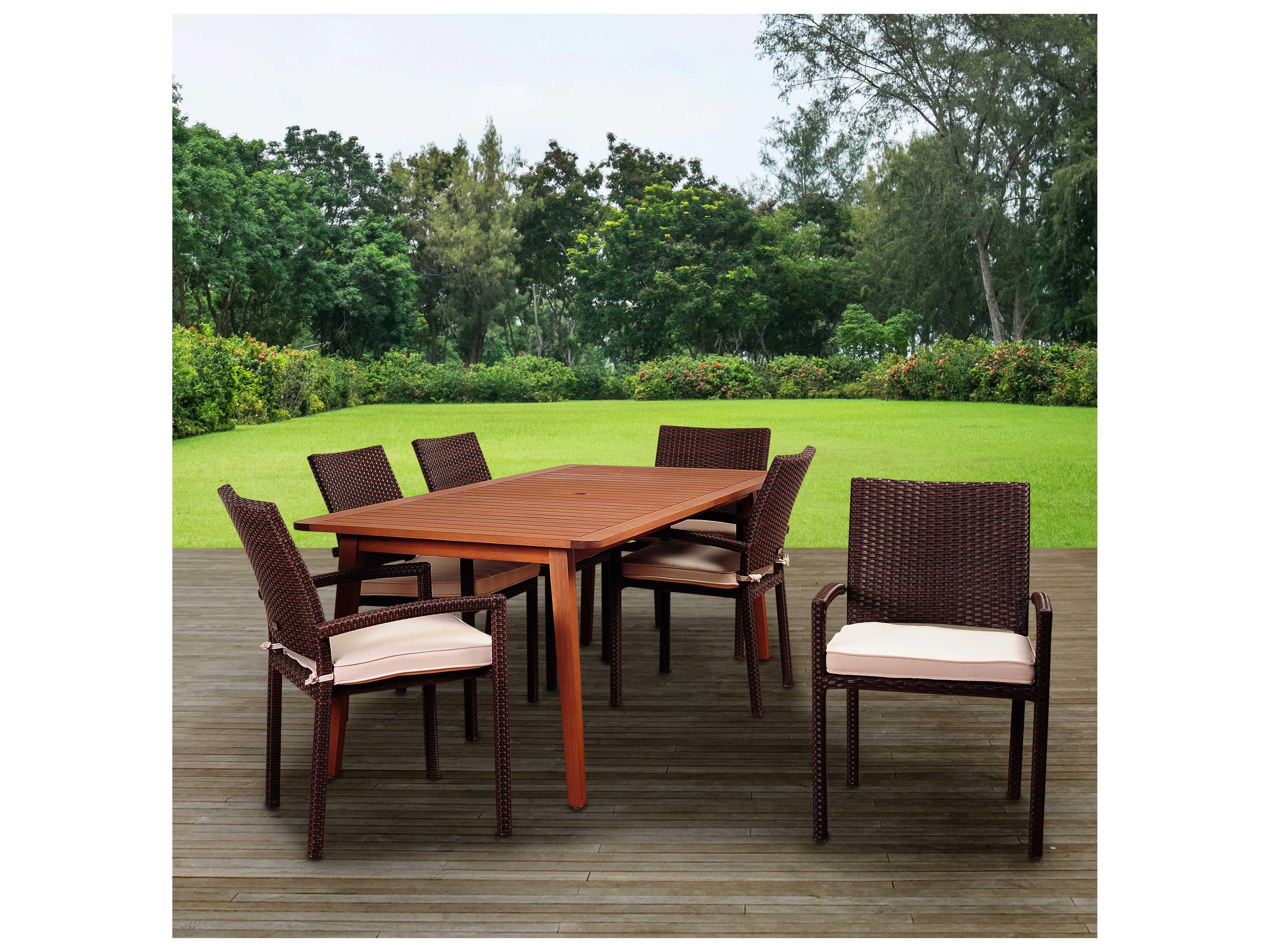 Amazonia Adelson 7 Piece Eucalyptus Rectangular Patio Dining Set with Off-White Cushions
