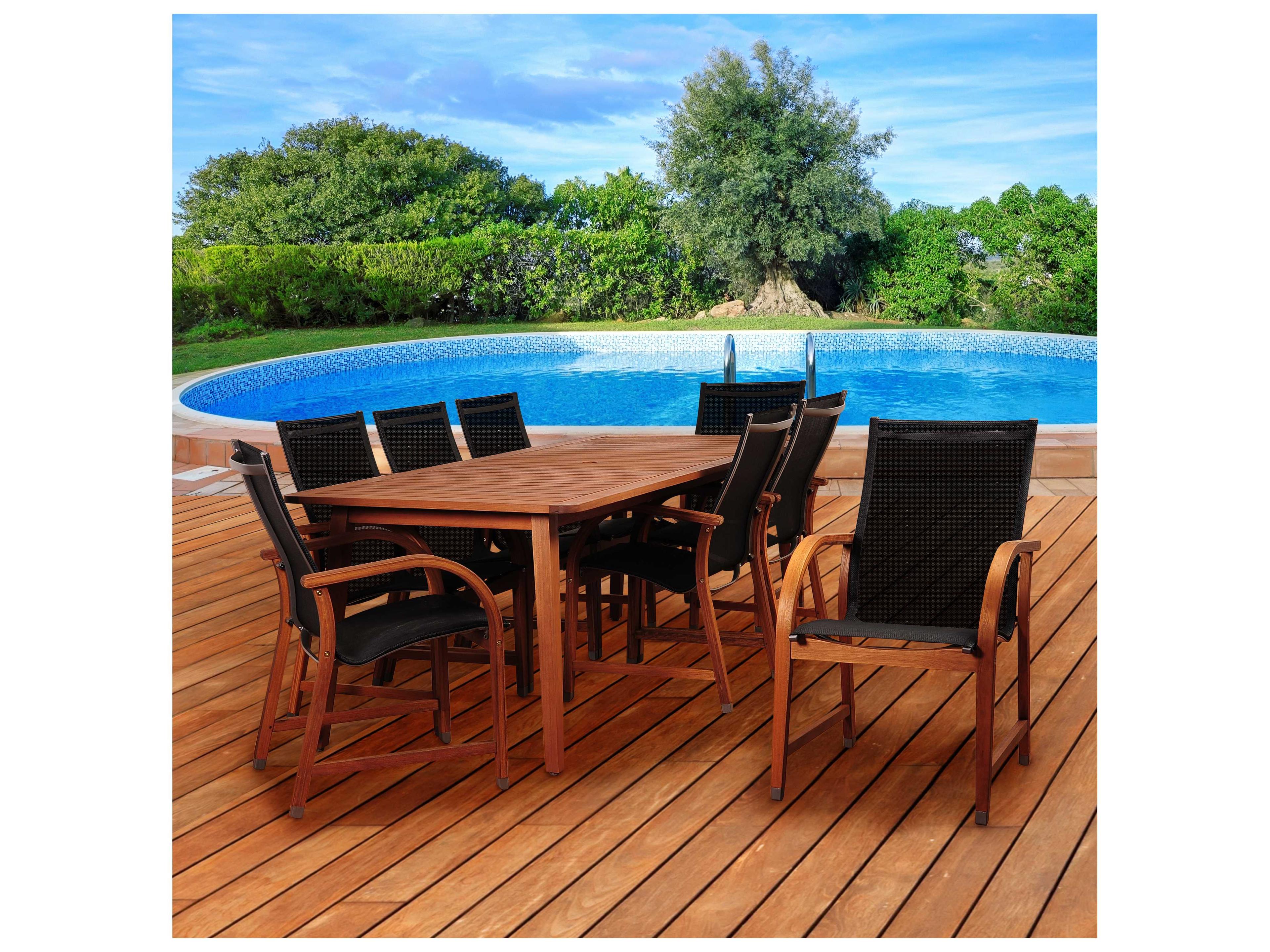 Amazonia Bahamas 9 Piece Eucalyptus Rectangular Outdoor Patio Dining Set with Black Sling Chair