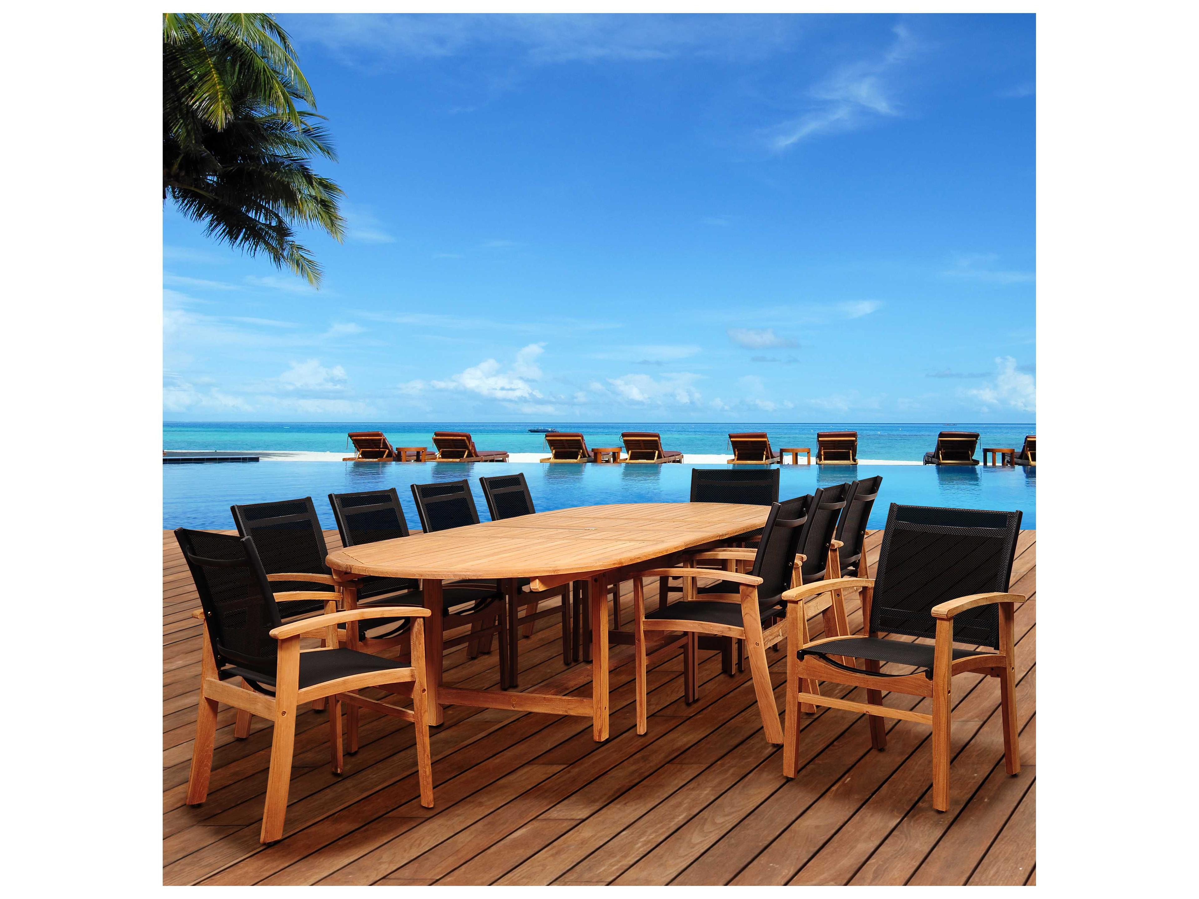 International Home Miami Amazonia Teak Edenton 11 Piece Double-Extendable Oval Patio Dining Set with Black Sling Chair