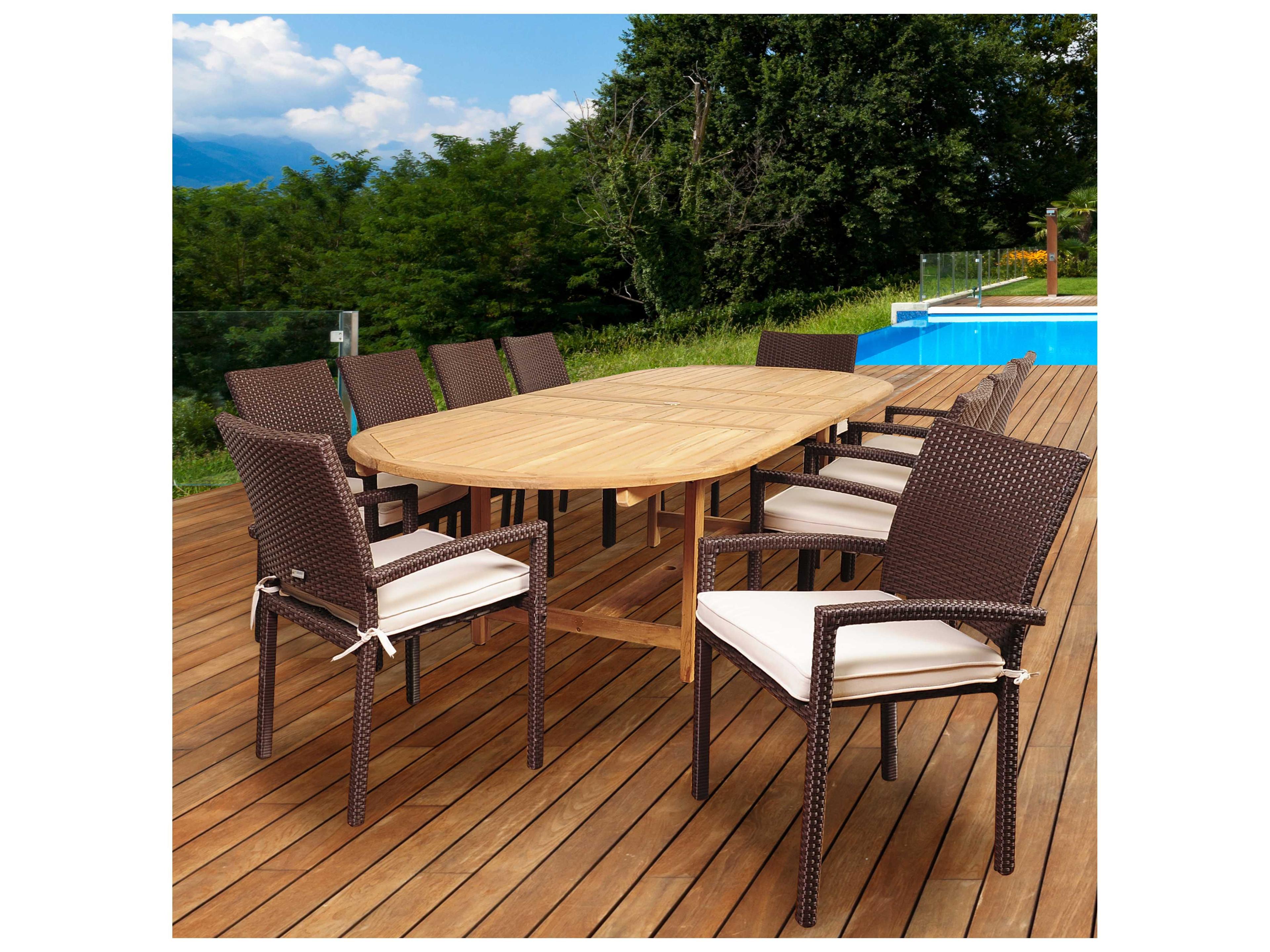 Amazonia Teak/Wicker Hillside 11 Piece Double-Extendable Oval Outdoor Dining Set with Off-White Cushions