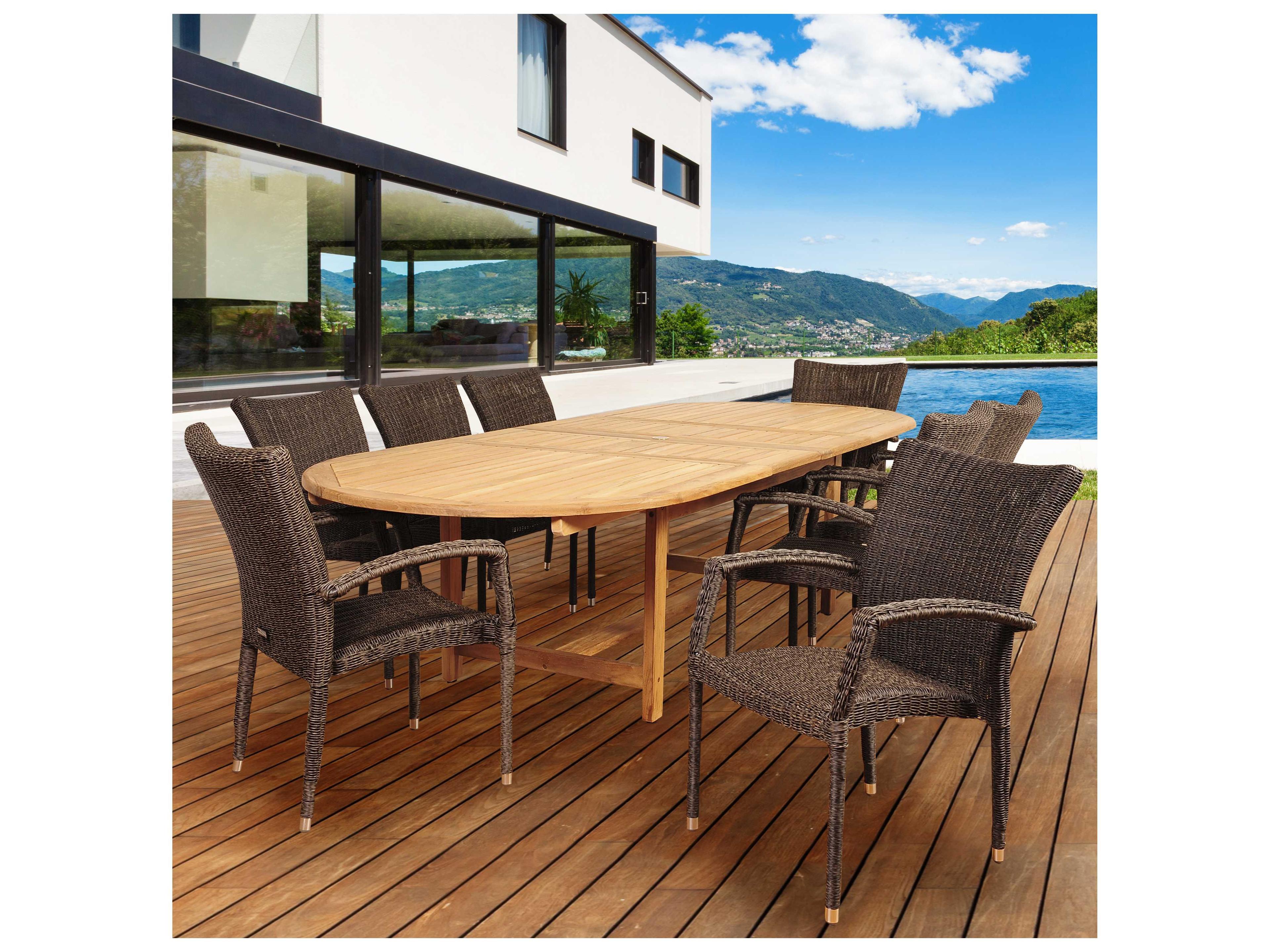 International Home Miami Amazonia Teak/Wicker Ocean Grove 9 Piece Double-Extendable Oval Patio Dining Set