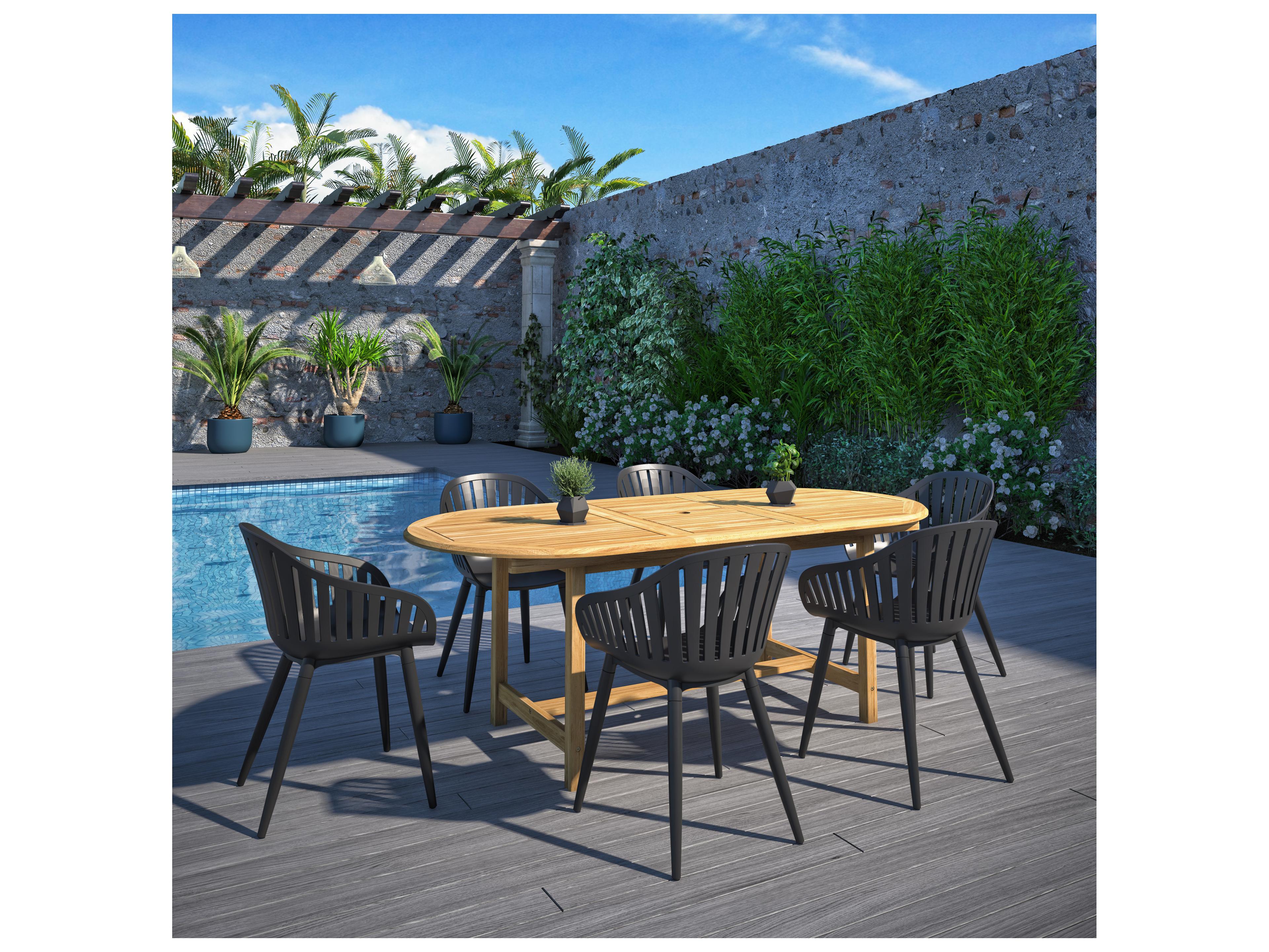 International Home Miami Amazonia Teak Wood Aluminum Brown/Black 7 Piece Oval Outdoor Patio Dining Set