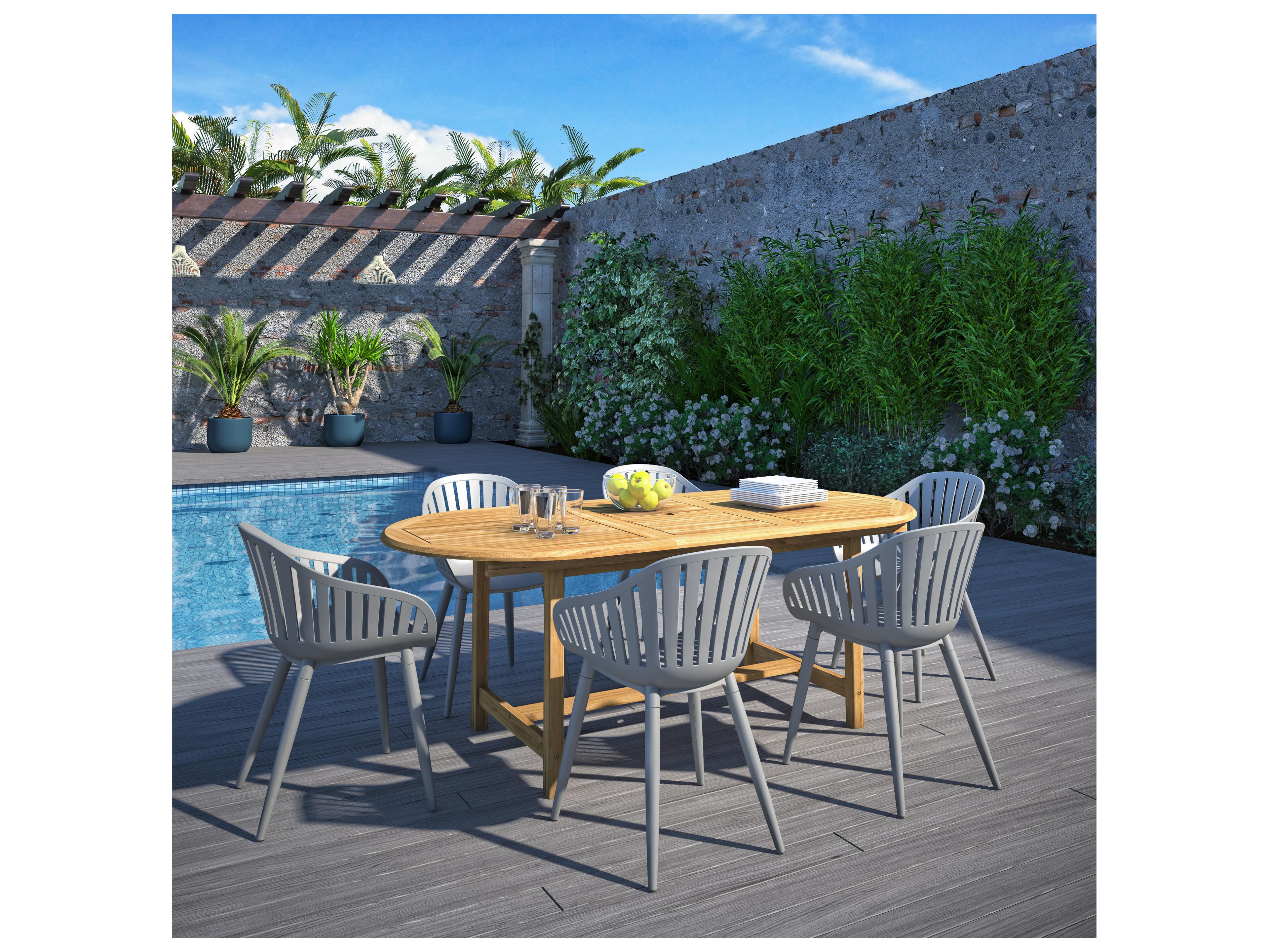 International Home Miami Amazonia Teak Wood Aluminum Brown/Grey 7 Piece Oval Patio Dining Set