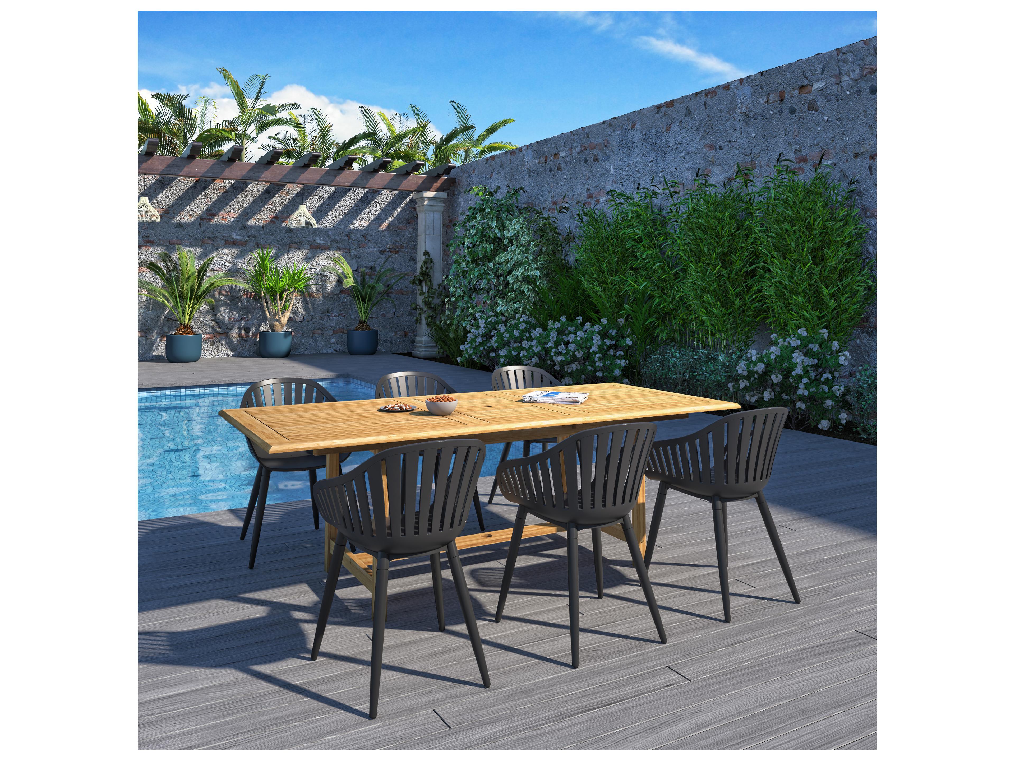 International Home Miami Amazonia Teak Wood Aluminum Brown/Black 7 Piece Rectangular Outdoor Dining Set