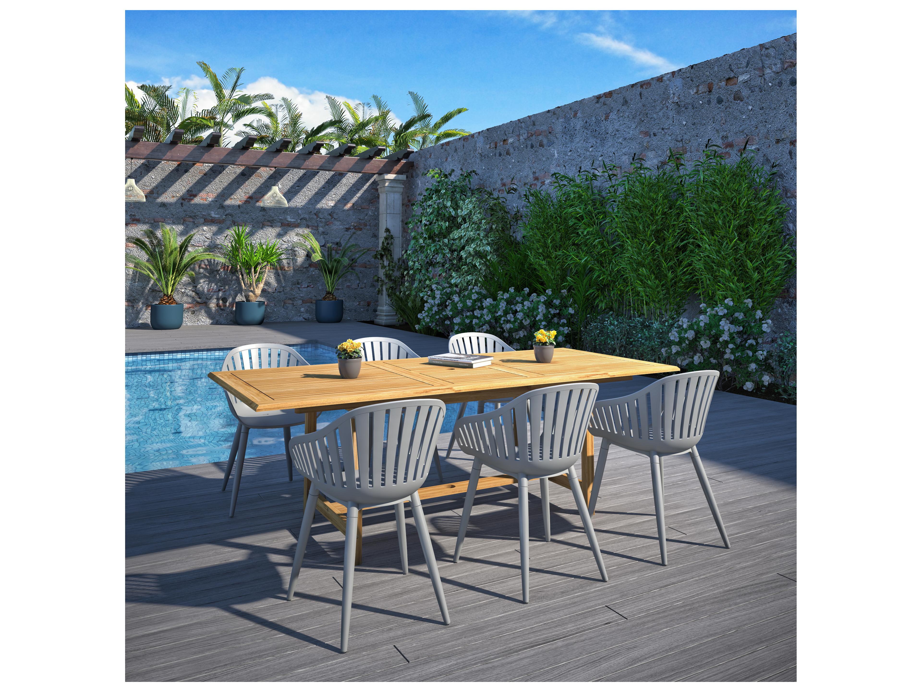 International Home Miami Amazonia Teak Wood Aluminum Brown/Grey 7 Piece Rectangular Outdoor Patio Dining Set