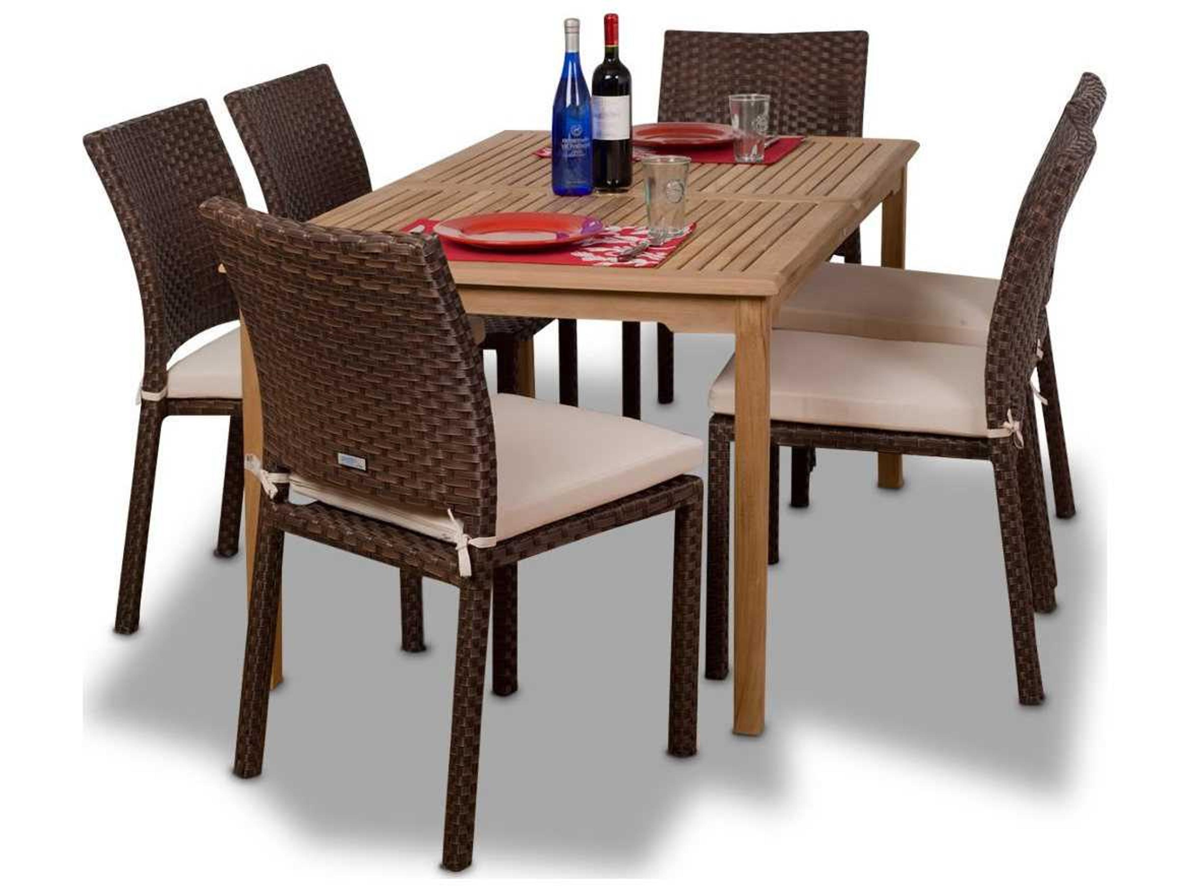 Amazonia Teak & Wicker Rectangular Seven Piece Luxemburg Outdoor Dining Set With Off-White Cushions