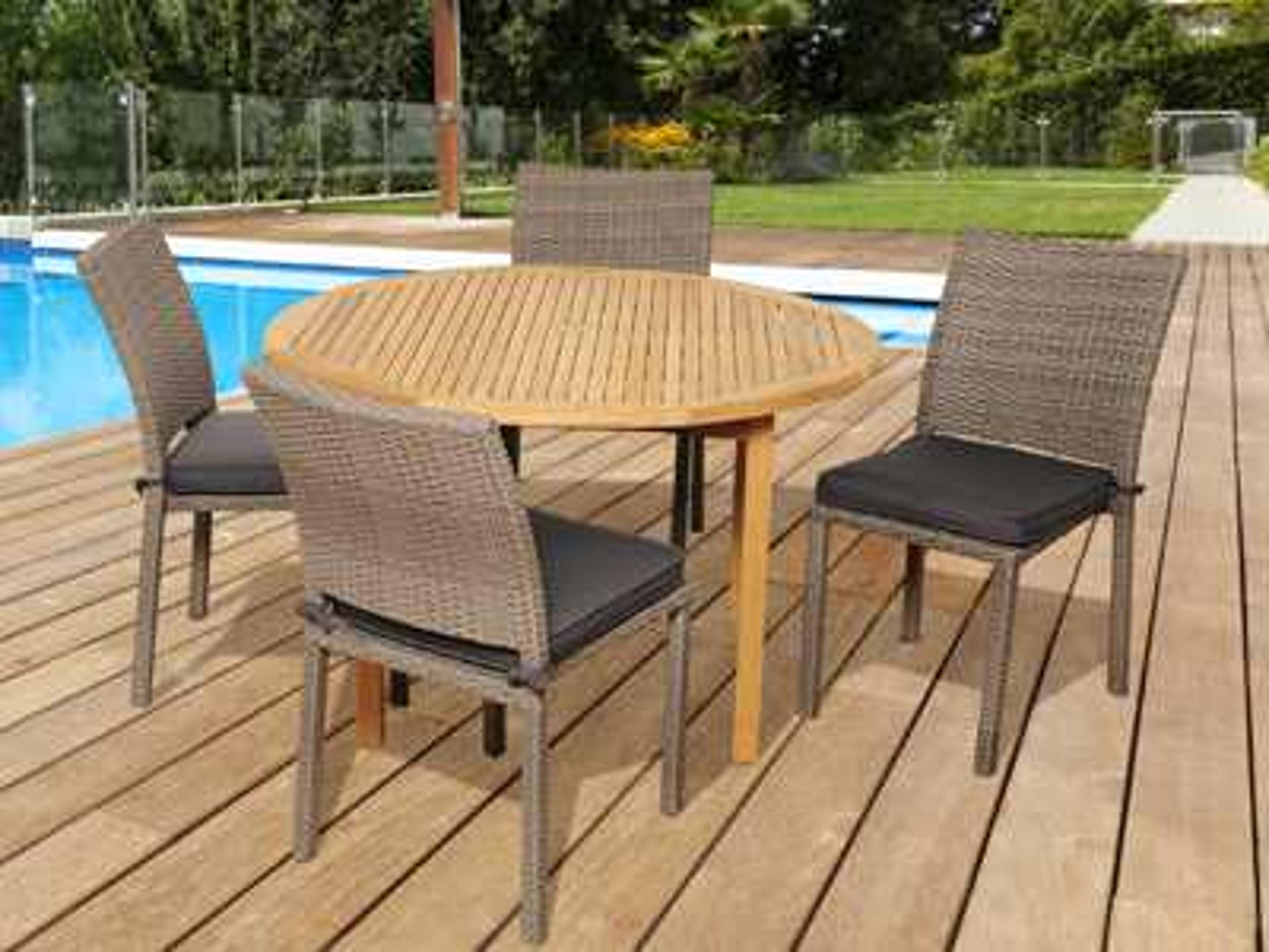 Amazonia Teak/Wicker Round Five Piece Anthony Patio Dining Set with Grey Cushions