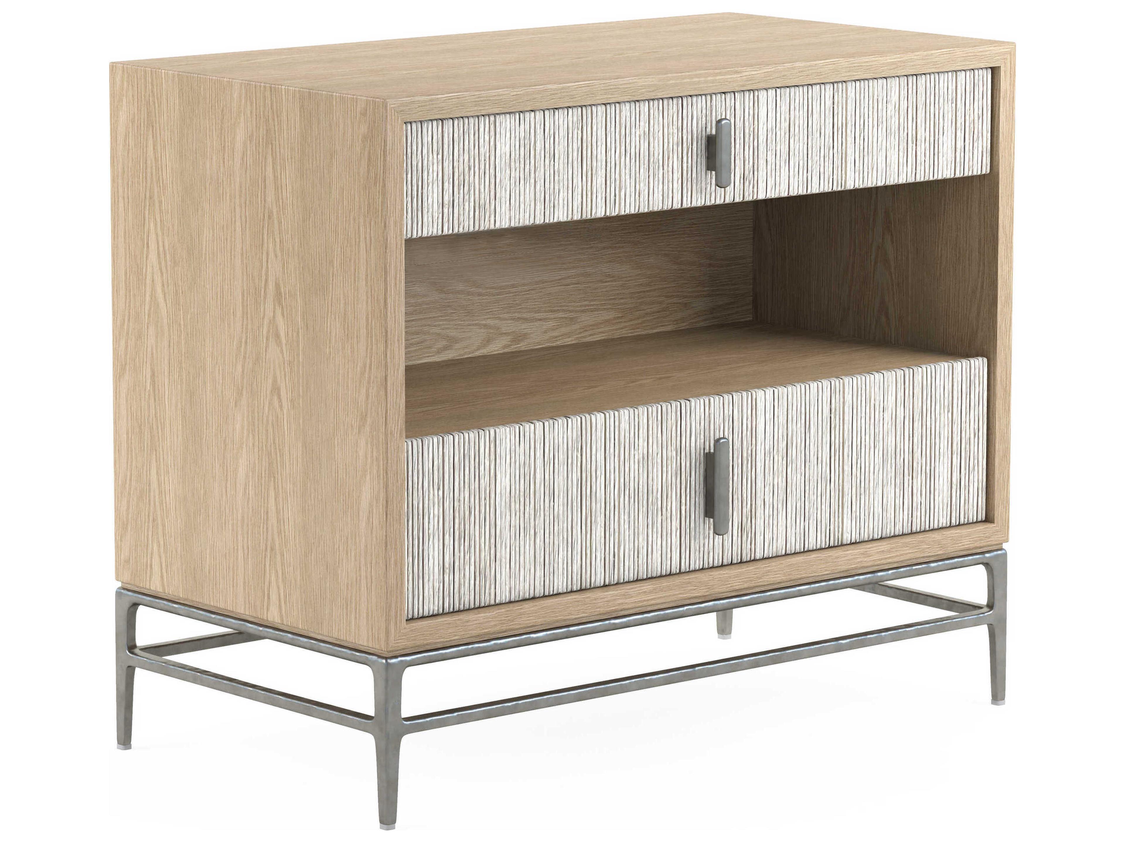 Water 2-Drawers Brass Oak Wood Nightstand