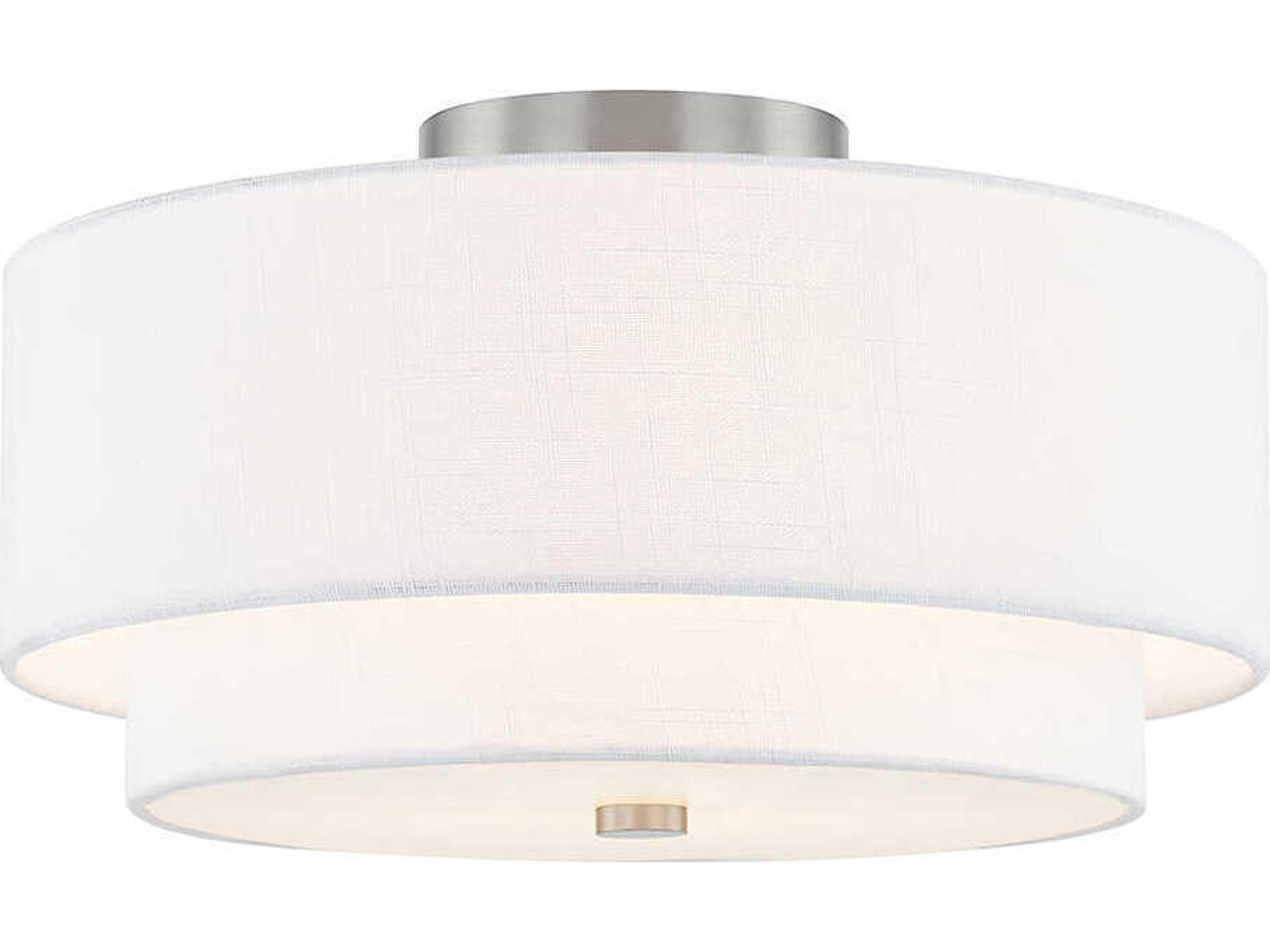 Textile Classic 3-Light Nickel White Drum Semi Flush Mount